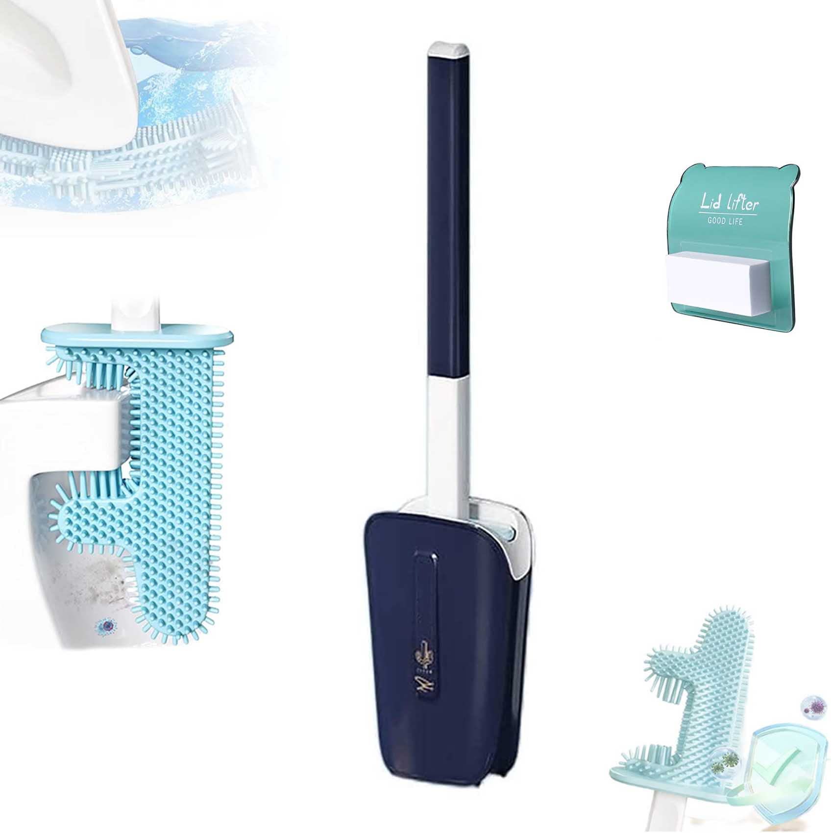 No Dead Corner Cactus Toilet Brush - Long Handle Non-Slip Silicone Bathroom Cleaning Brush with Quick Dry Holder | Soft Flexible Bristles for Deep Cleaning | Perfect for Small Spaces & Hard-to-Reach Areas (Blue)