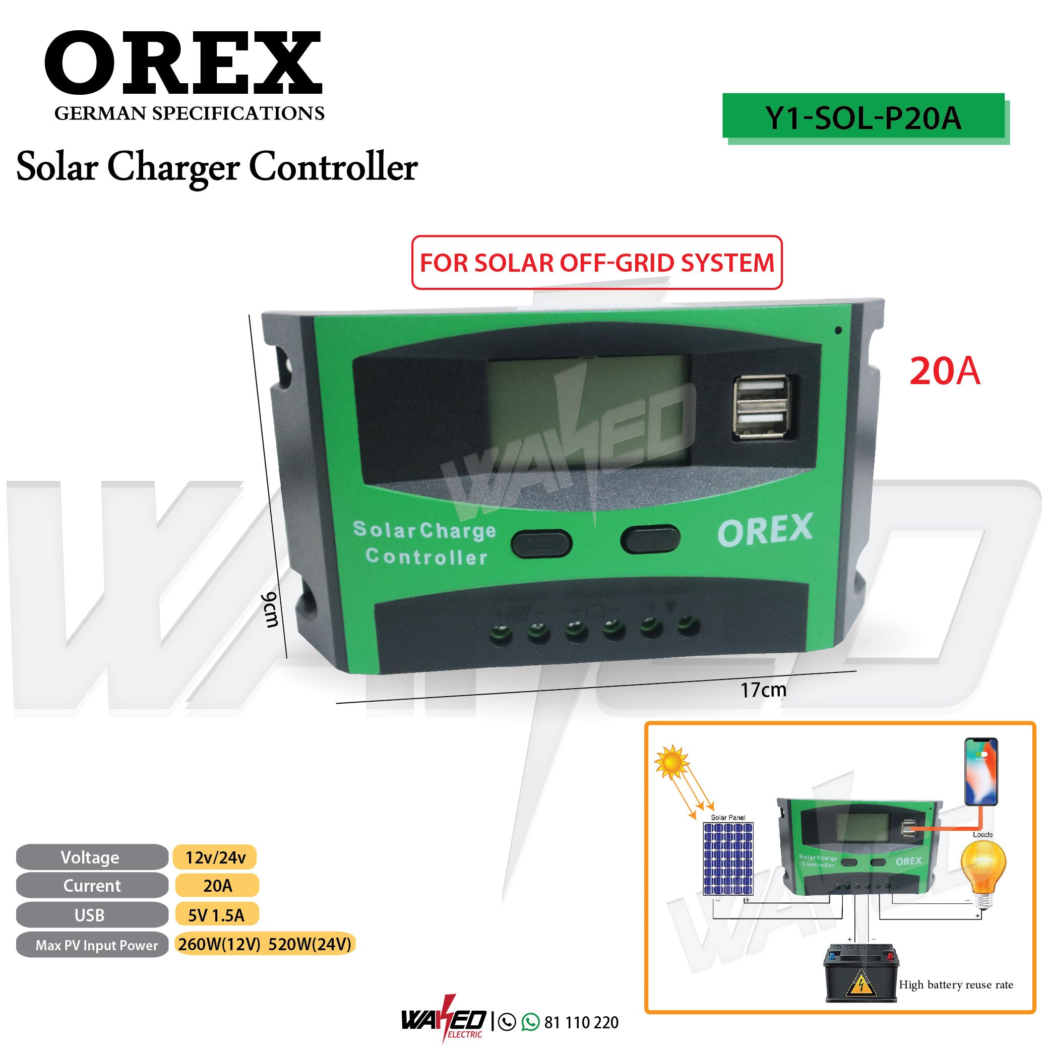 20A Solar Charge Controller - OREX MPPT Regulator for 12V/24V Batteries | Ideal for Off-Grid Solar Systems, RVs, Boats & Camping