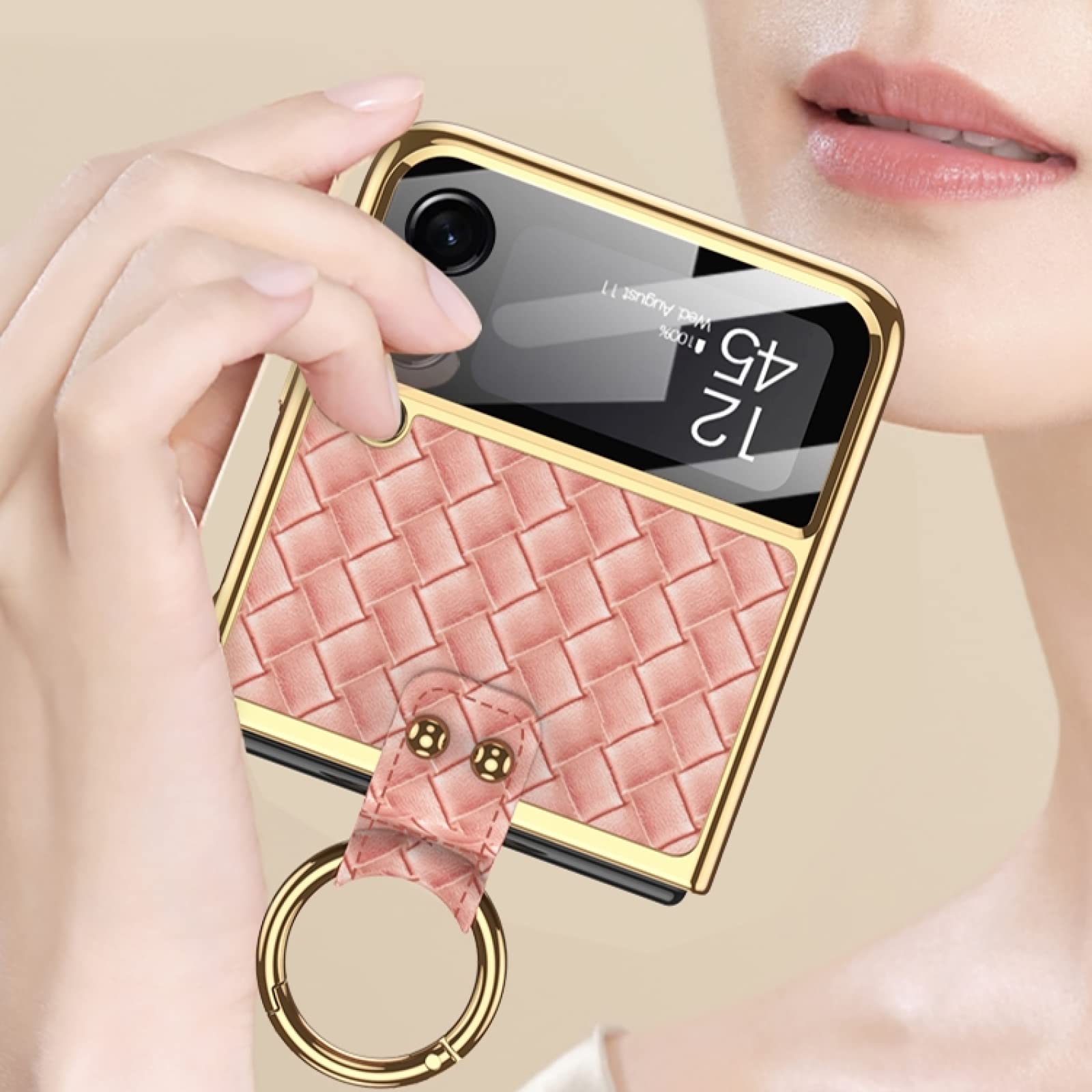 Premium Woven Leather Case for Samsung Galaxy Z Flip 3 | Electroplating Ring Design | Slim Protective Cover for Women | Perfect for Work, Travel & Everyday Use
