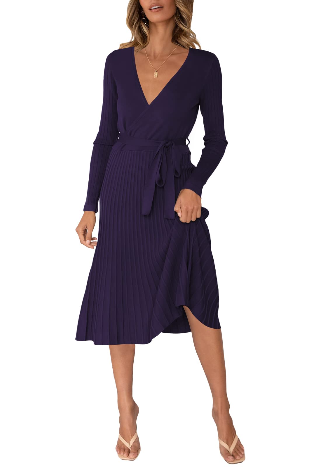 Pink Queen Women's Wrap Sweater Dress - V Neck Long Sleeve Ribbed Knit Midi Dress with Belt | Casual Office Wear, Fall Winter Outfits, Date Night Dresses