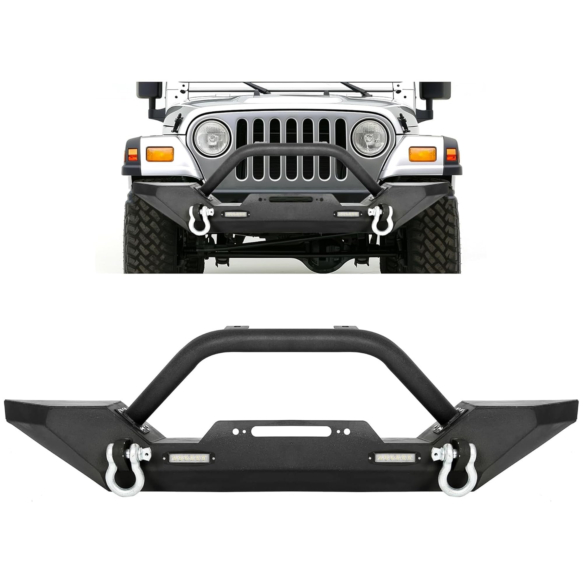 ECOTRIC Heavy Duty Front Bumper with Winch Plate & D-Ring for 1987-2006 Jeep Wrangler TJ YJ | 2 LED Lights | Black Rock Crawler Bumper | Off-Roading & Trail Protection