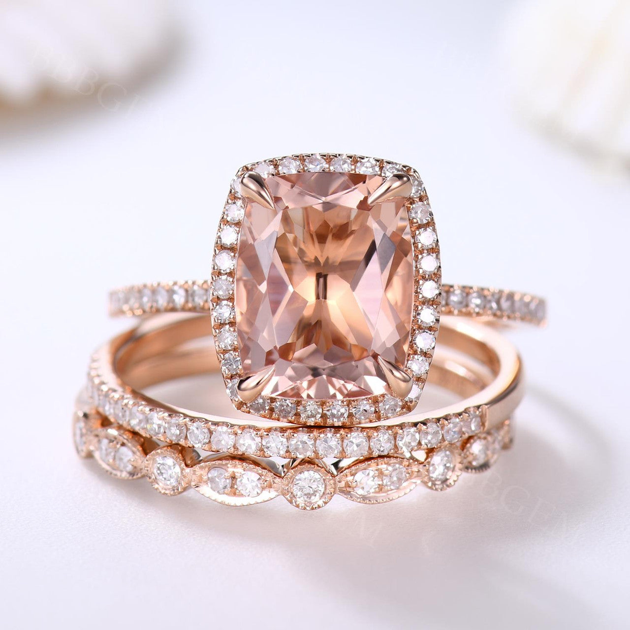 10x8mm Cushion Cut Natural Morganite Engagement Ring Set - 3 Piece Wedding Band Collection for Brides, Promise Rings & Anniversary Gifts | Perfect for Proposals, Valentine's Day & Special Occasions