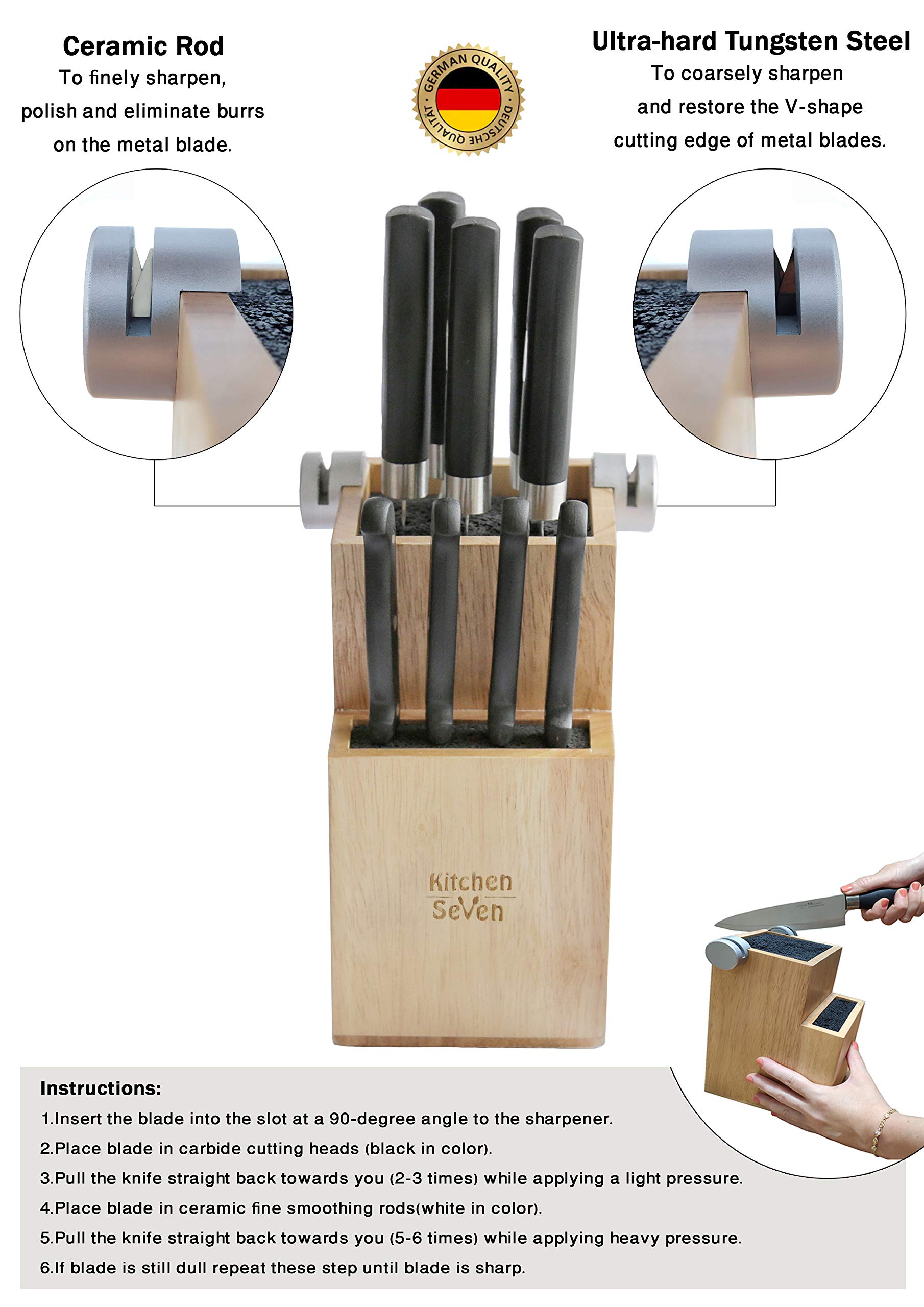 Premium Bamboo Universal Knife Block with 2 Built-In Sharpeners | 2-Tier Modern Knife Storage Holds 16 Knives | Easy-Clean Wooden Knife Organizer by Kitchen Seven | Perfect for Professional Chefs & Home Kitchens