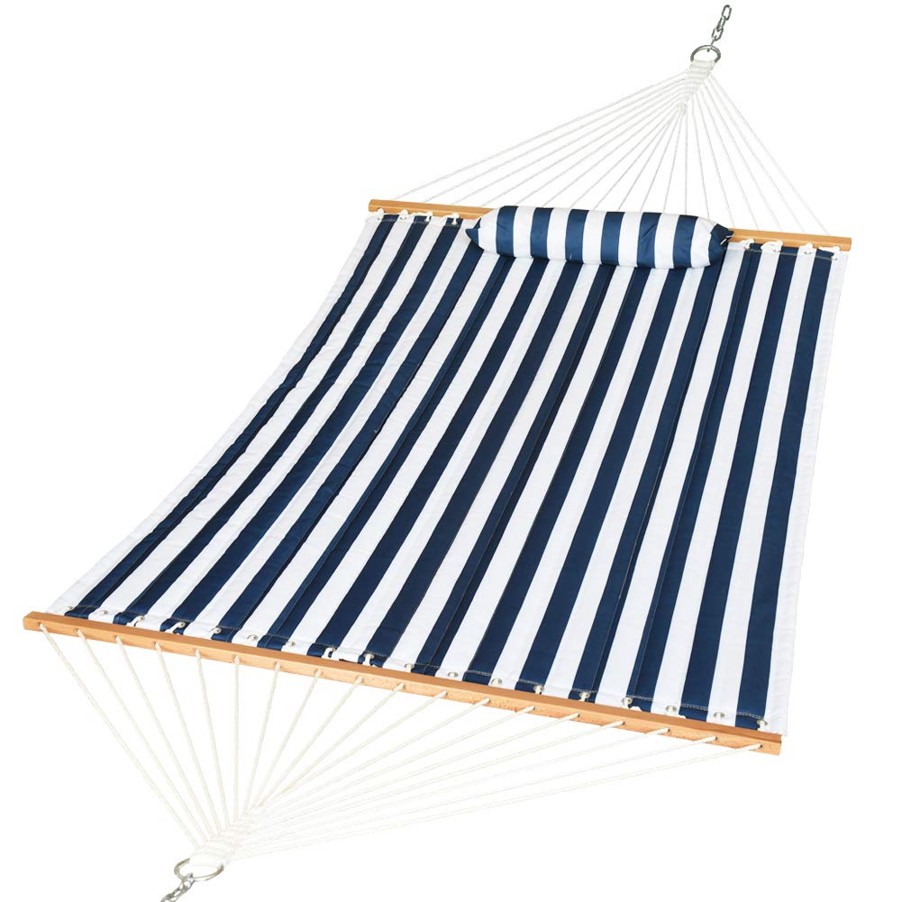 Premium Quilted Fabric Double Hammock with Pillow - Heavy Duty Hardwood Spreader Bar - Outdoor Hammock for 2 Adults - 450 lb Capacity - Navy Blue Stripe - Perfect for Patio, Garden, Pool & Beach Relaxation