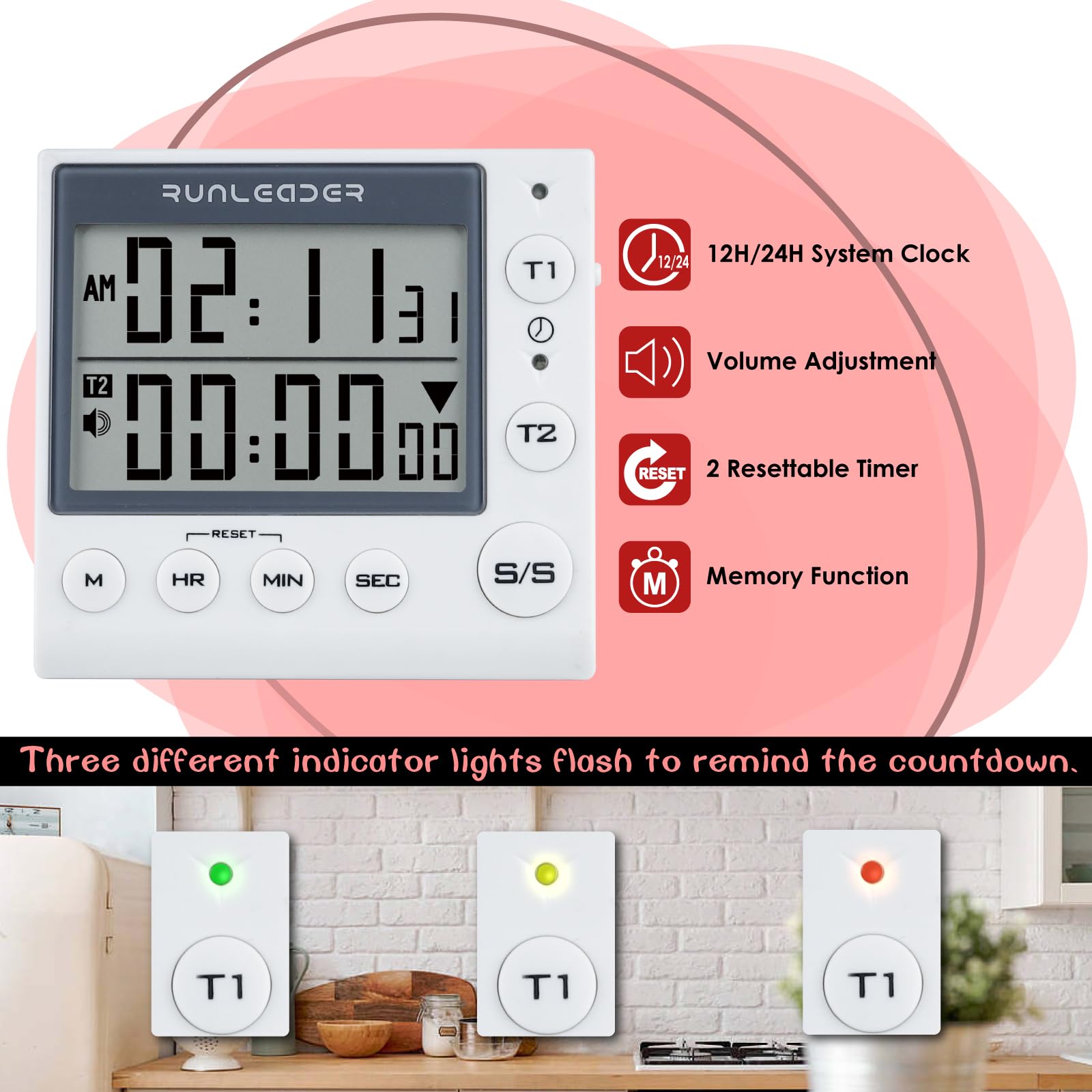 2-Channel Digital Countdown & Countup Timer with 12H/24H Clock Display - White | Perfect for Kitchen Cooking, Classroom Labs, and Fitness Workouts