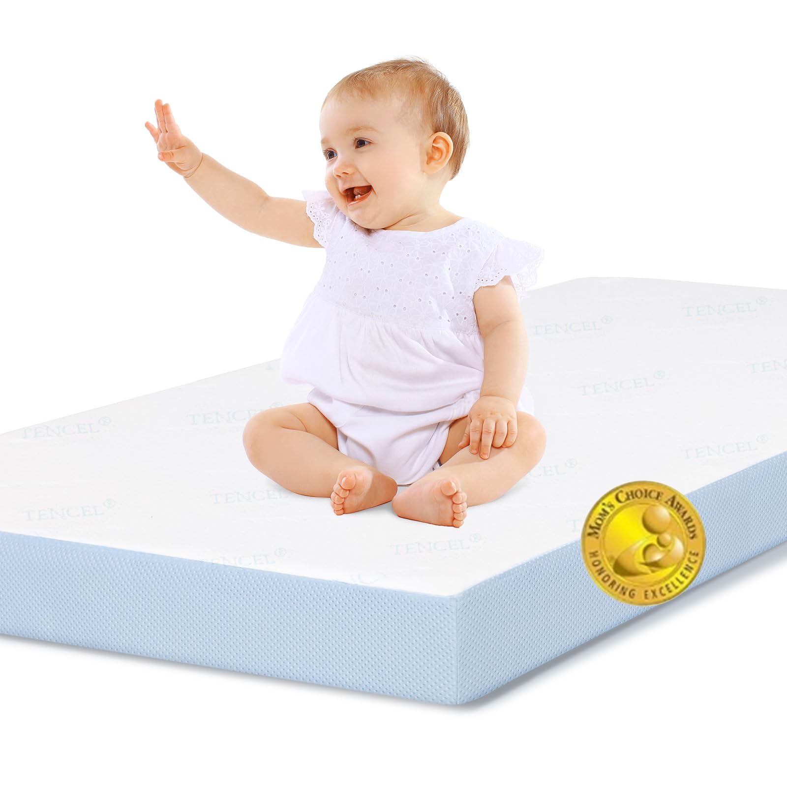 **BABELIO Memory Foam Crib Mattress - Standard Size Toddler Mattress with Removable Waterproof Tencel Cover (Blue & White) - Breathable & Hypoallergenic for Safe Baby Sleep**