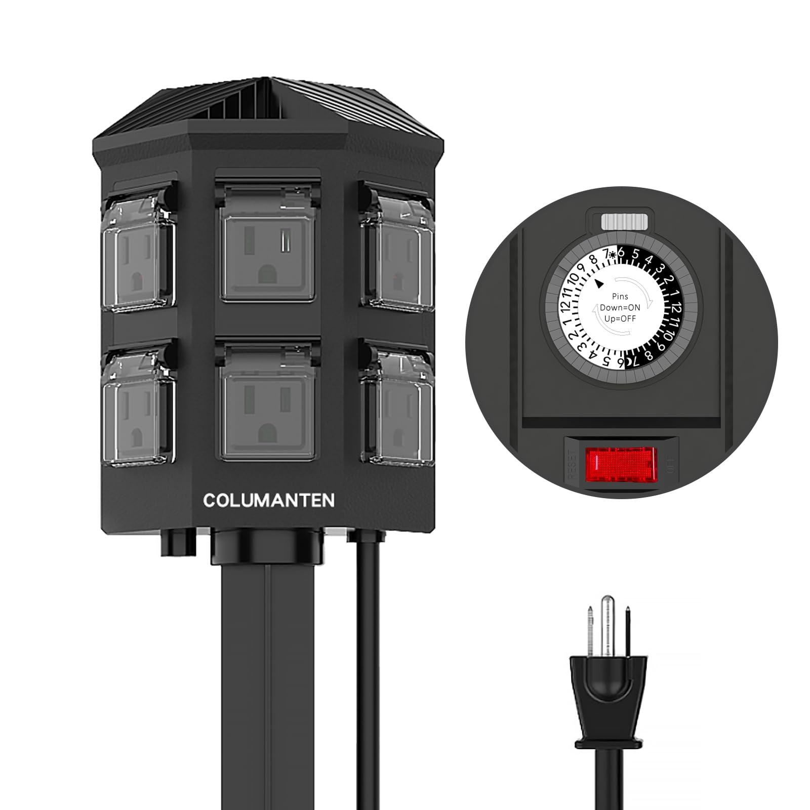 24 Hour Mechanical Outdoor Timer - Waterproof Power Stake with 6 ft Extension Cord & 6 Grounded Outlets - ETL Listed for Outdoor Lights, Garden Sprinklers & Holiday Decorations