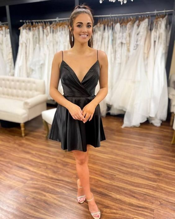 Elegant Black Short Satin Cocktail Dress - A-Line Homecoming Party Dress 2376 | Perfect for Prom, Evening Parties & Special Occasions