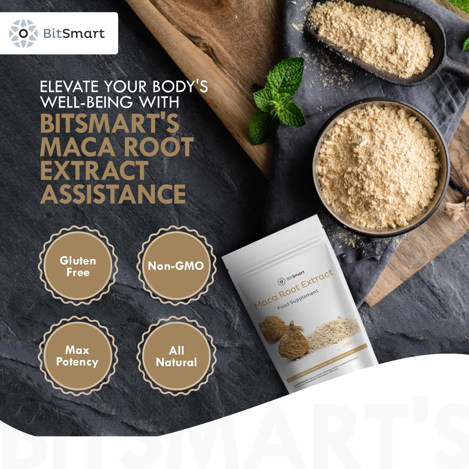 BITSMART 1000mg Maca Root Extract Superfood Tablets - 60 Count - Natural Energy Booster for Men & Women - Supports Hormone Balance, Antioxidant Benefits - Vegan Friendly Supplement - Great for Workout, Stress Relief & Daily Wellness