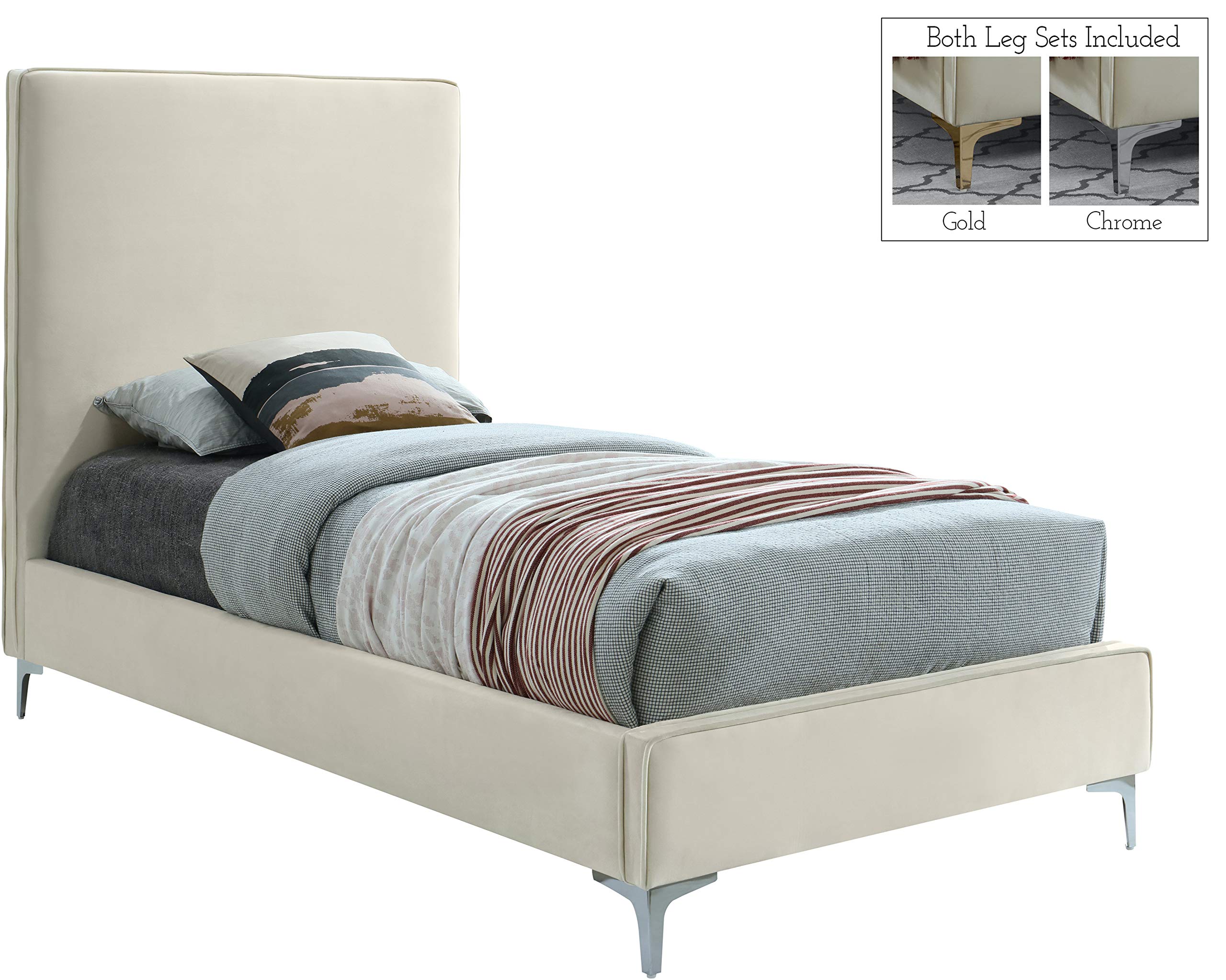 Meridian Furniture Geri Collection Modern Velvet Upholstered Bed - Twin Size Cream with Gold/Chrome Headboard | Luxury Bedroom Furniture for Contemporary Home Decor