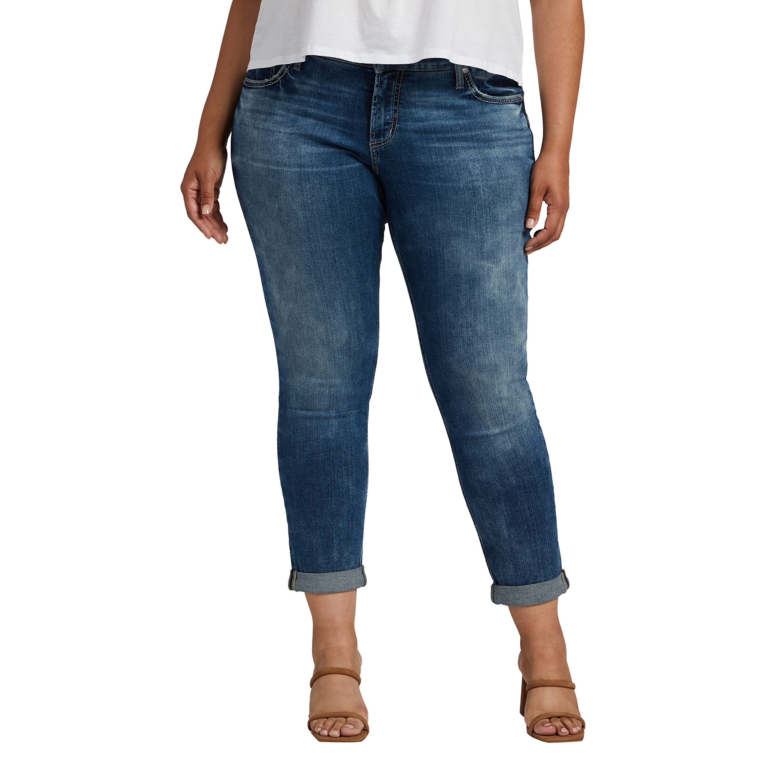 Silver Jeans Co. Women's Plus Size Girlfriend Mid Rise Slim Leg Jeans - Legacy - Comfortable Stretch Denim for Casual Wear & Everyday Outfits