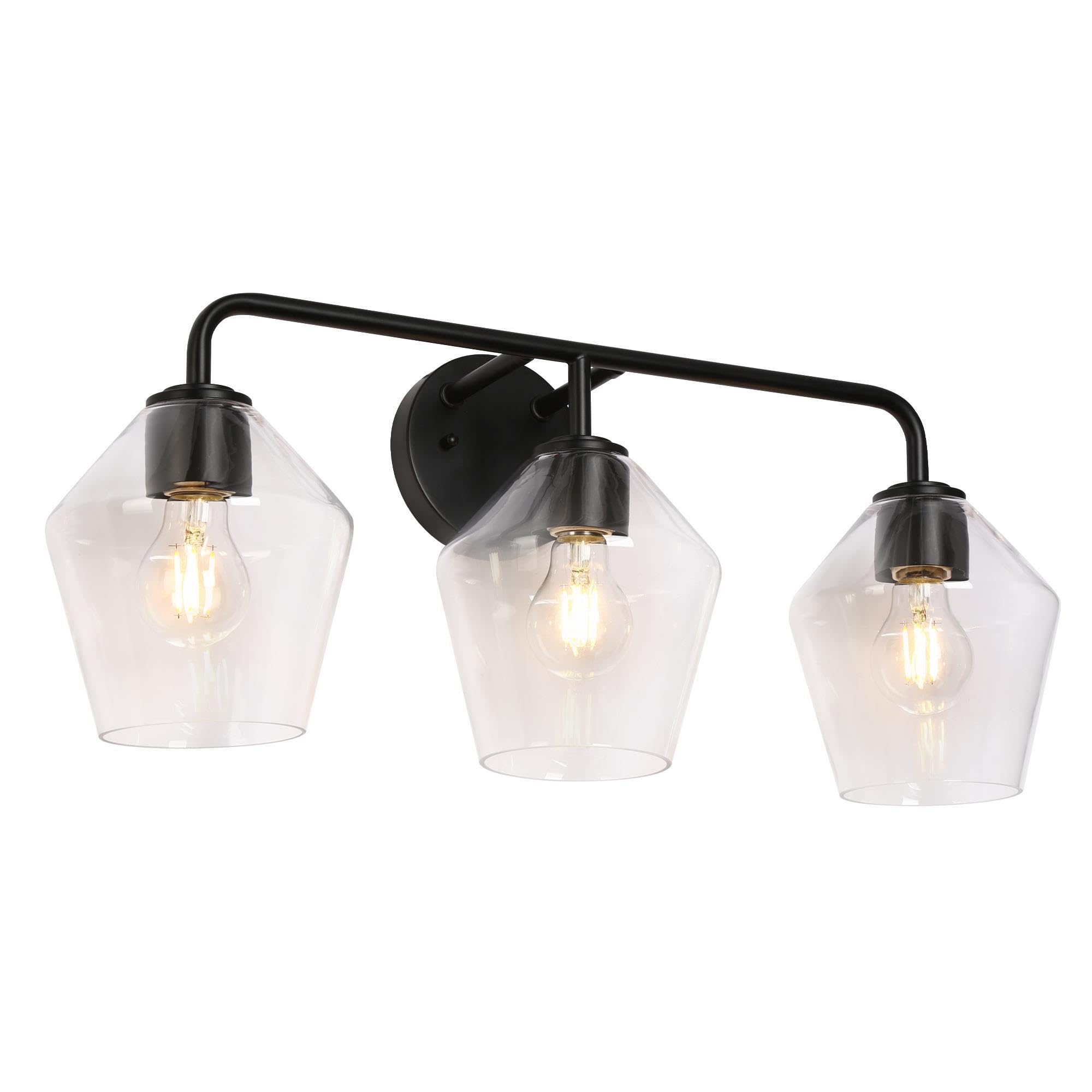 Modern Black Bathroom Vanity Light Fixture - 3-Light Farmhouse Wall Sconce with Clear Glass Shades for Bathroom, Powder Room & Spa Lighting Upgrade
