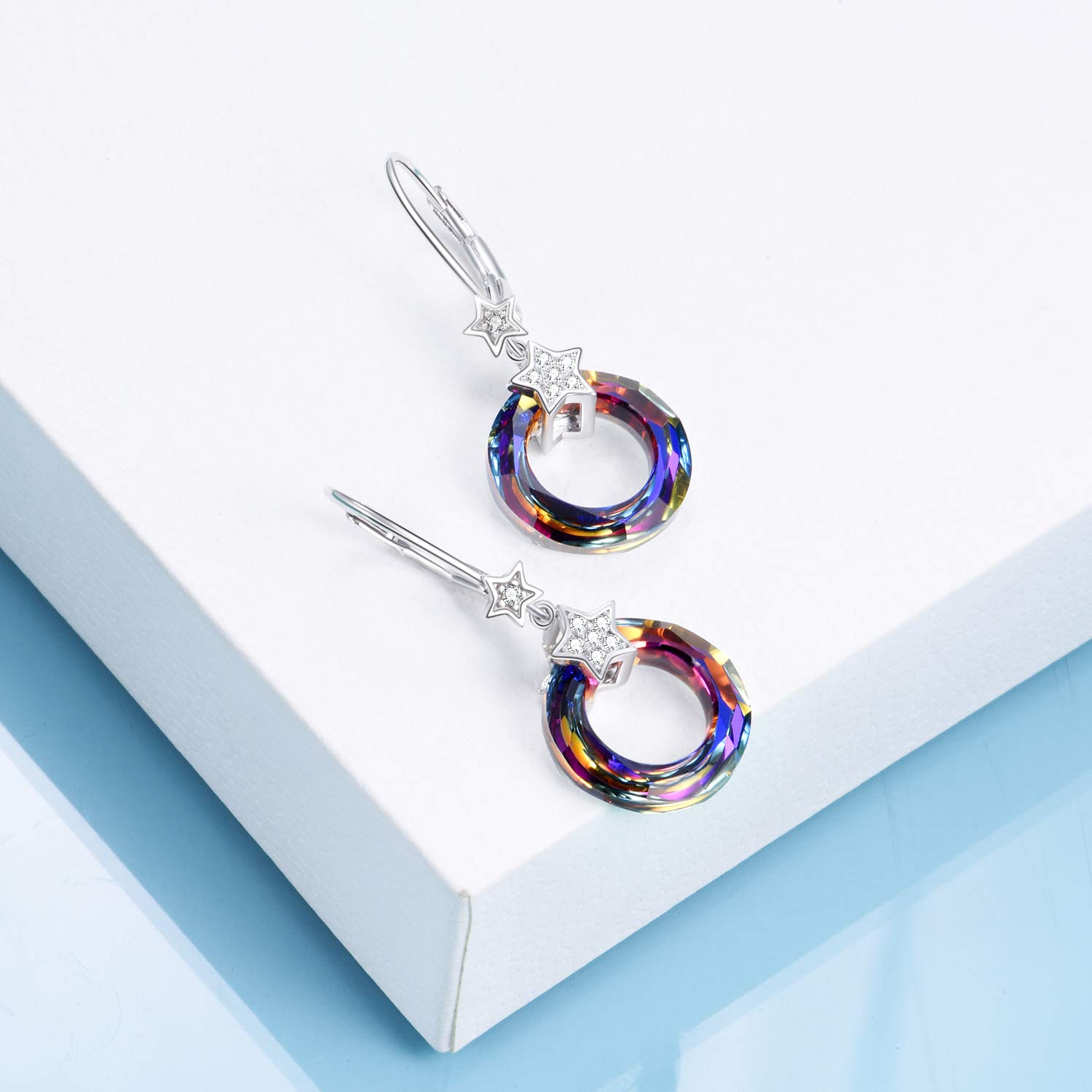 Volcano Rose & Star Crystal Earrings - Sterling Silver Rose Circle Dangle Leverback Earrings with Austrian Crystals | Elegant Jewelry Gift for Women | Perfect for Birthday, Anniversary & Special Occasions
