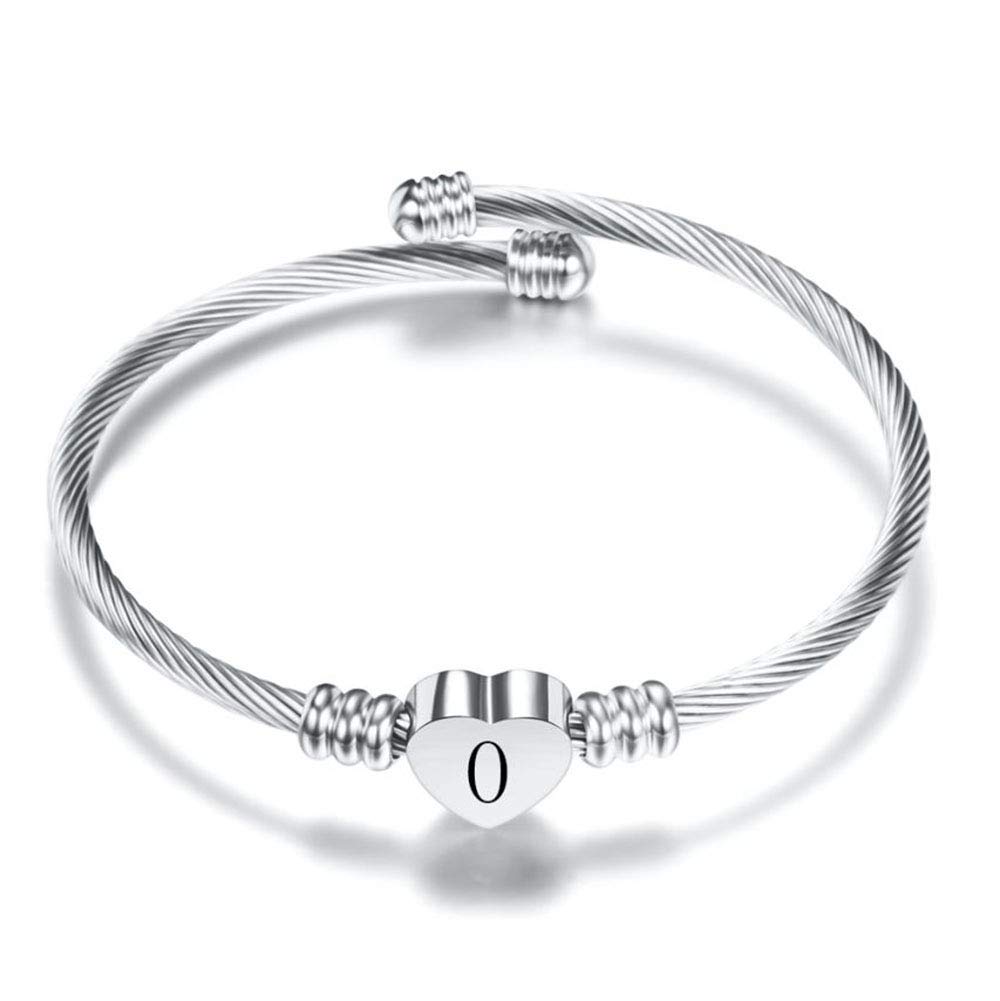 Personalized Silver Heart Initial Letter A-Z Stainless Steel Cuff Bangle Bracelet for Women - Perfect Gift for Birthday, Anniversary & Valentine's Day
