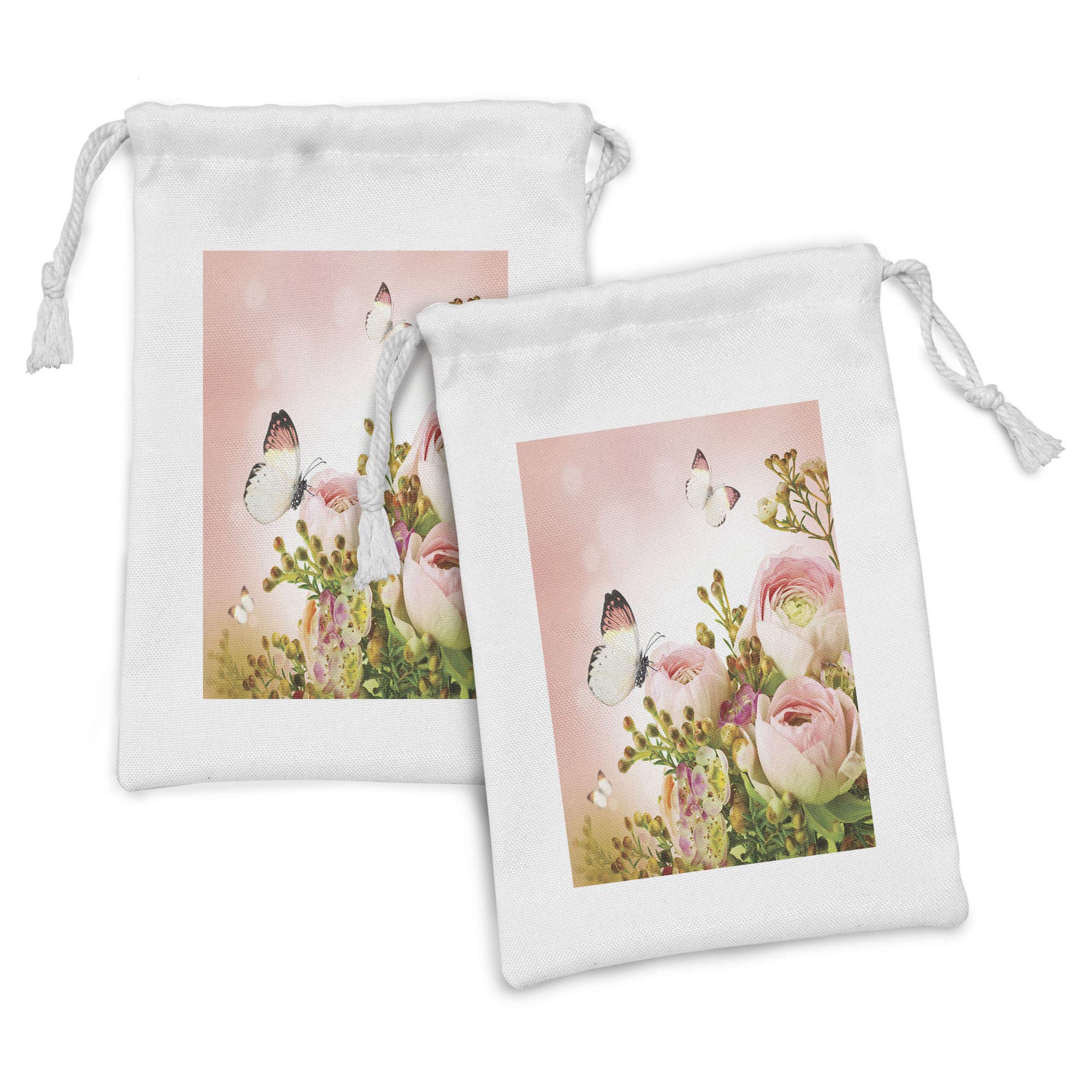 Ambesonne Butterfly Fabric Pouch Set of 2 - Pastel Rose Floral Drawstring Bags with Spring Insects, 9