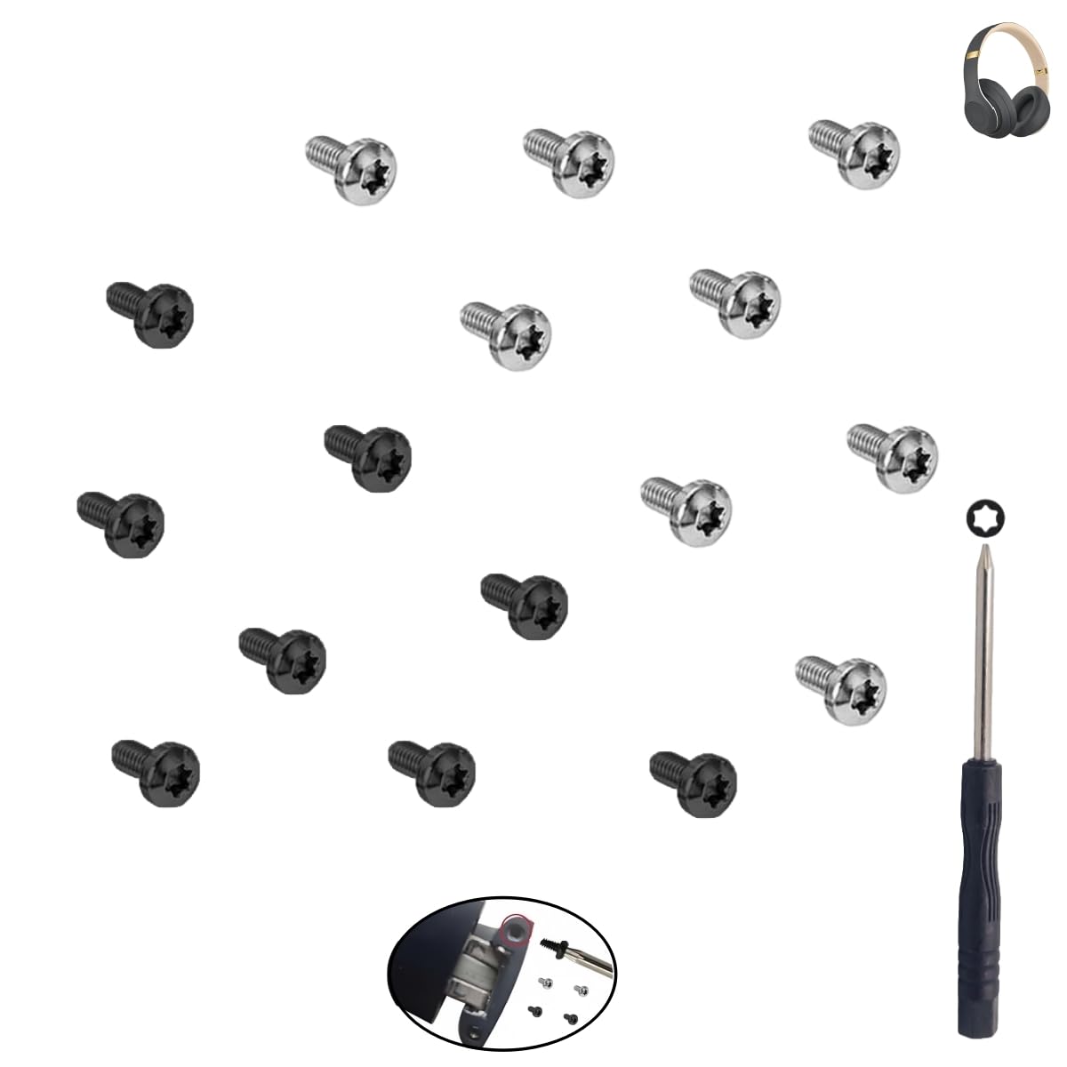 Replacement Headband Screws for Beats Studio Pro/Studio3/Studio2/Studio1.0 Wired & Wireless Headphones - 8 Silver + 8 Black Screws Kit - Perfect for DIY Headphone Repair & Maintenance