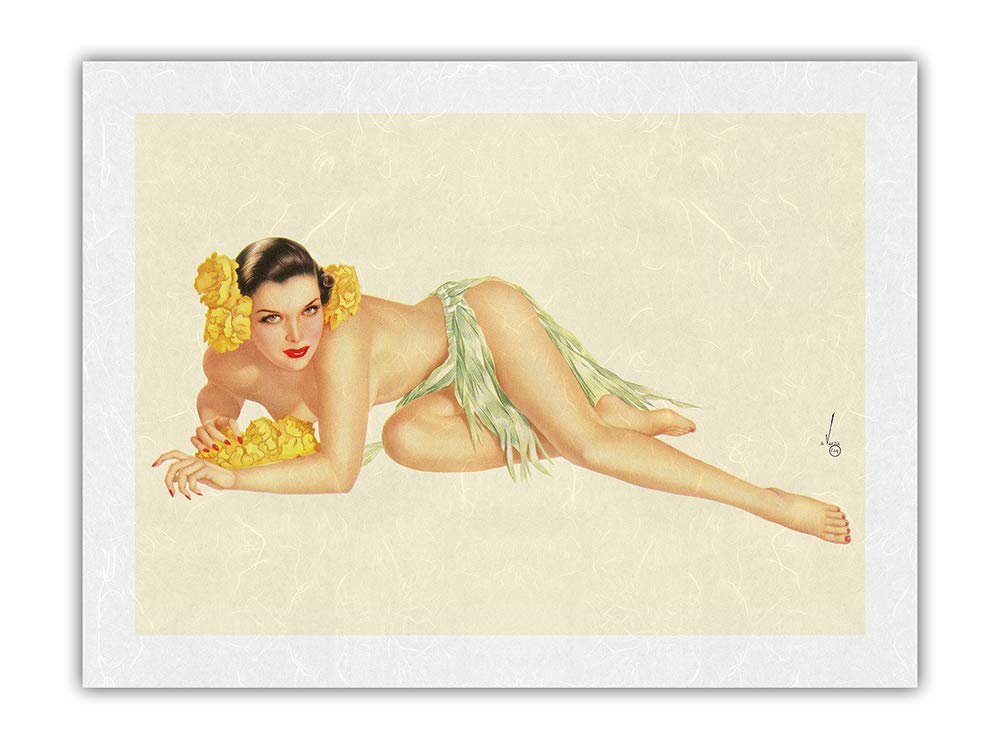 Vintage 1943 Alberto Vargas Pin-Up Art Print - June Varga Girl Topless Calendar Page on Premium Unryu Rice Paper 18x24 Inches - Classic Wall Decor for Home, Office & Man Cave