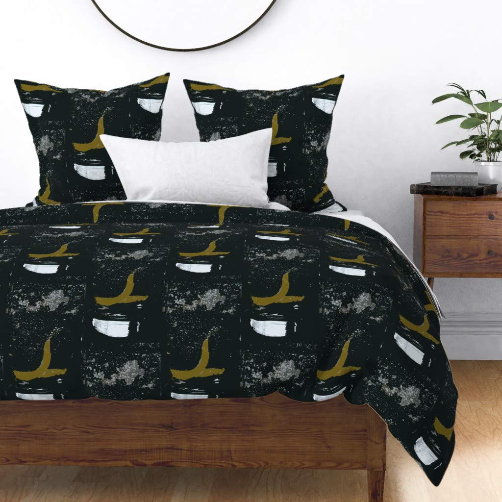 Custom Spoonflower Cotton Sateen Duvet Cover Twin Size - Modern Abstract Brush Painting Bubbles in Lemon, Paris Black, White & Gold Icy Print Bedding Set | Perfect for Contemporary Bedrooms, Guest Rooms & Dorm Decor
