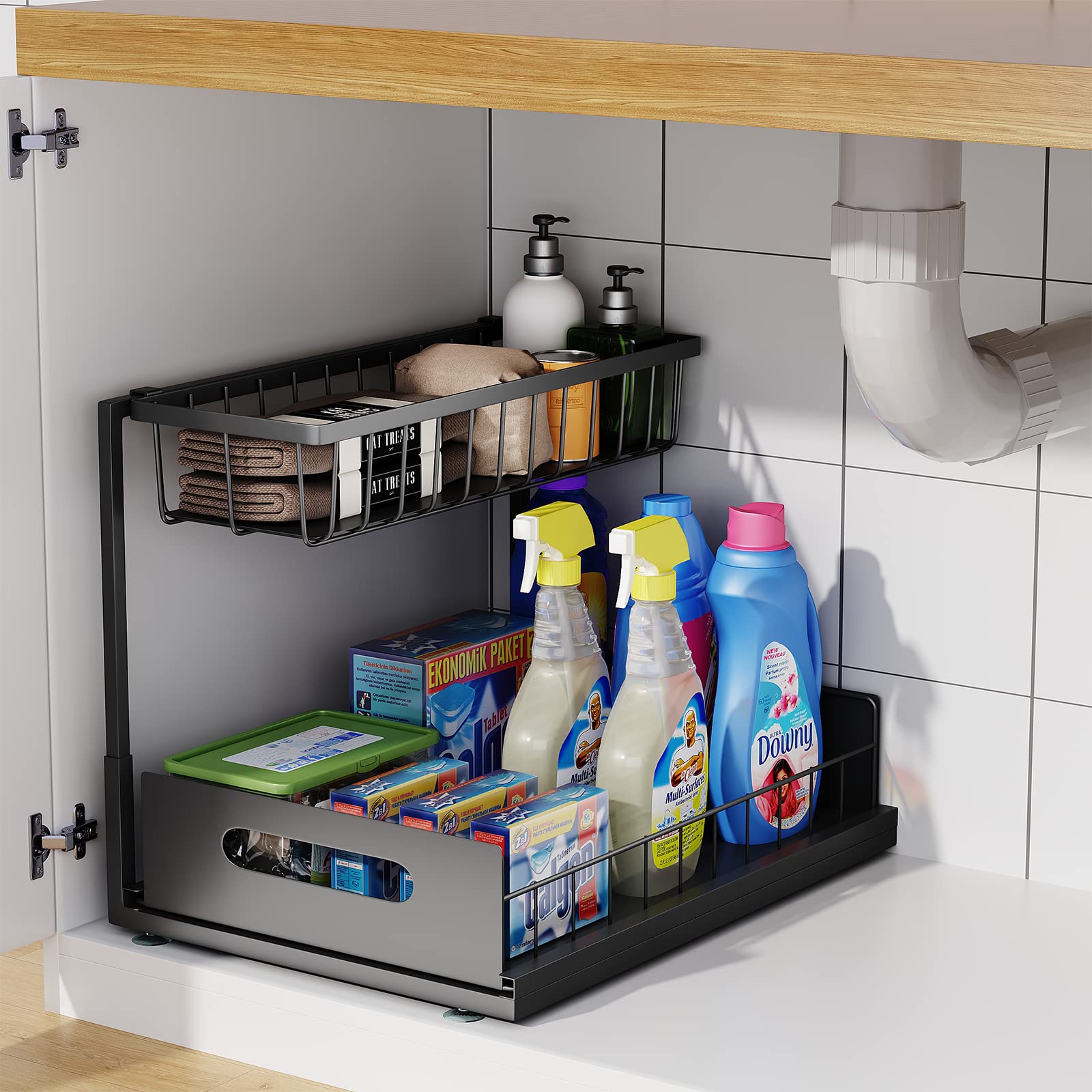 2-Tier Sliding Cabinet Basket Organizer - Under Sink Storage Drawer for Kitchen & Bathroom | Pull-Out Organizer for Sponges, Cleaners & Toiletries | Space-Saving Black Shelf (Perfect for Small Spaces & Clutter Control)