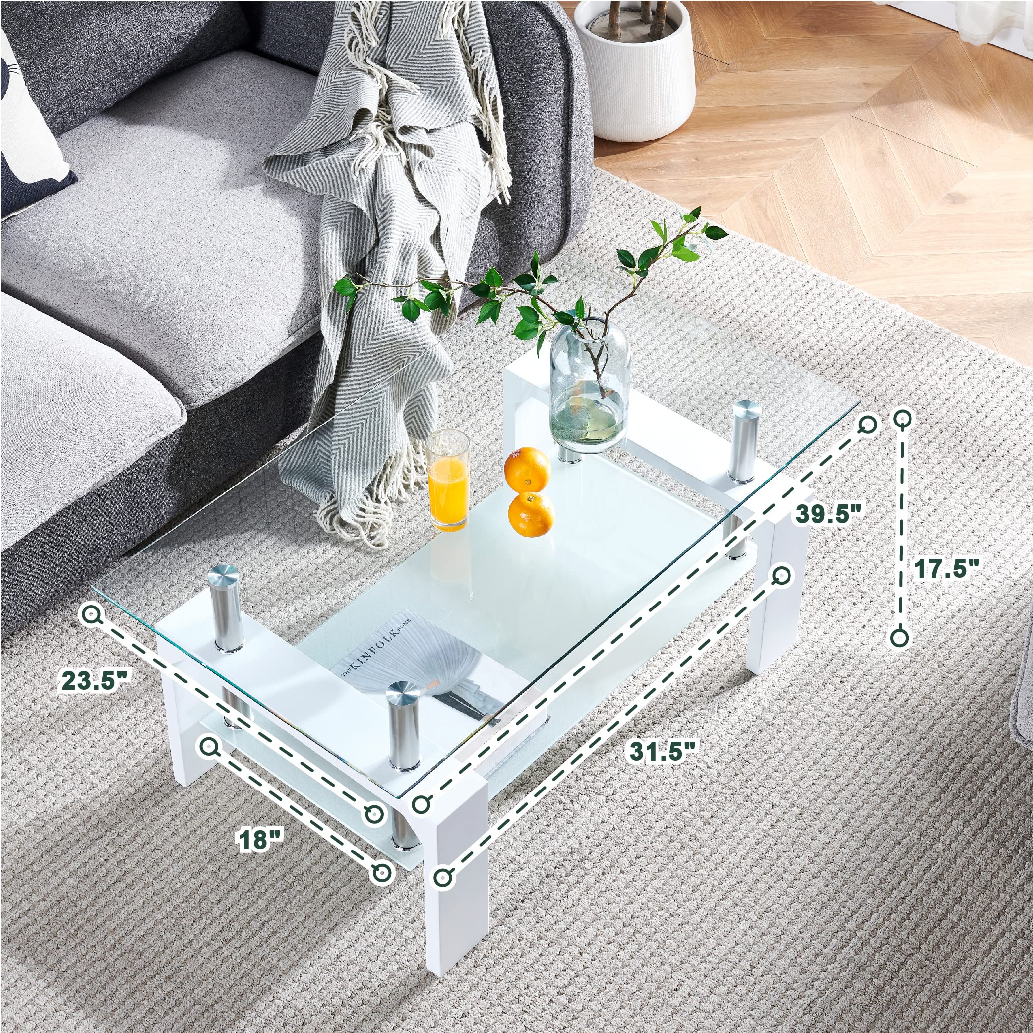 Modern White Rectangle Coffee Table with Glass Top & Wooden Legs - 39.5