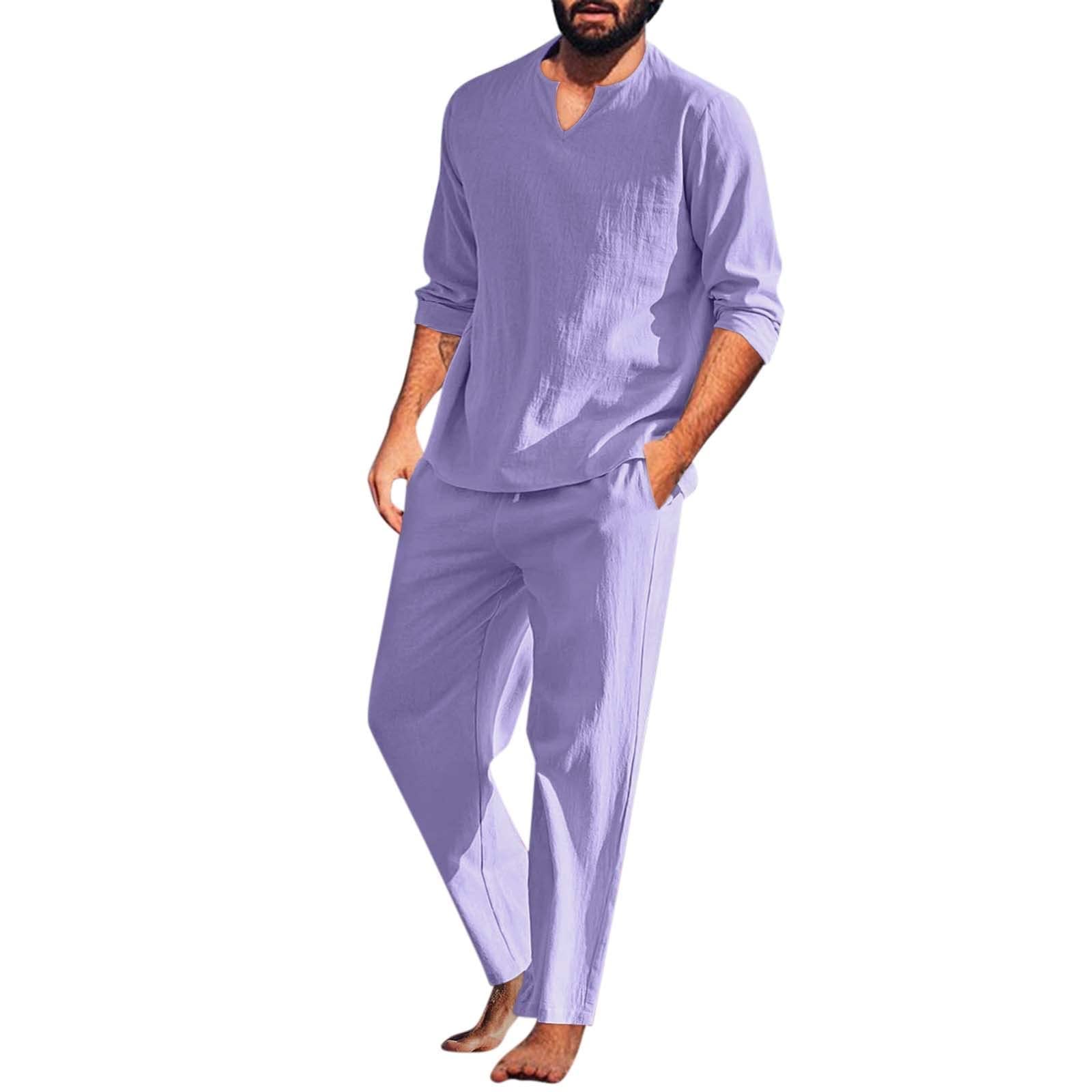 Men's Summer Linen 2-Piece Suit Casual Beach Outfit Elastic Waist Comfortable Lightweight Breathable Suit for Outdoor Activities, Travel, and Relaxation (Color: Purple, Size: XX-Large)