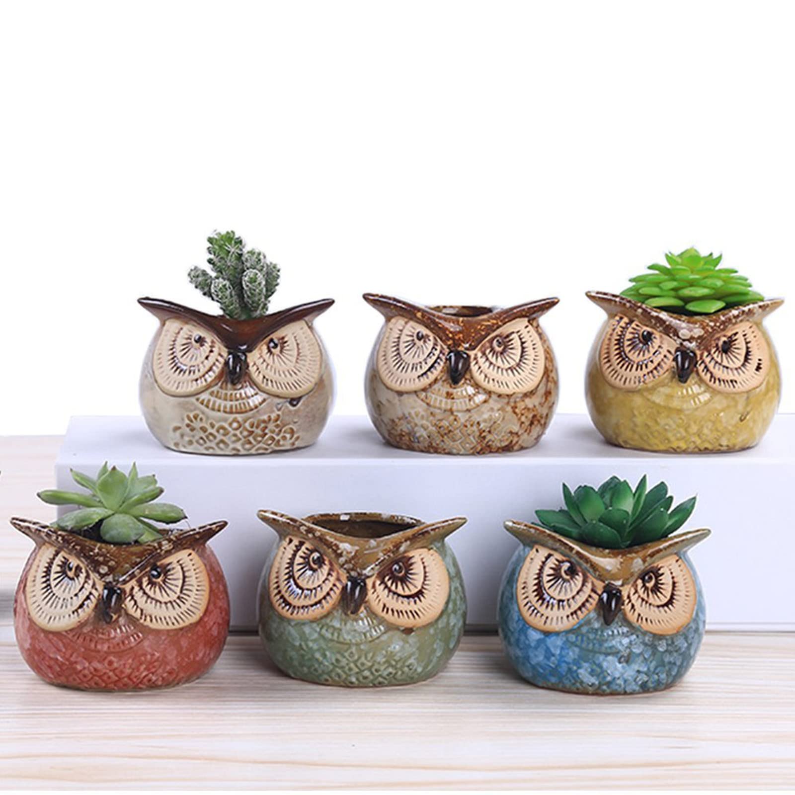 6-Piece 2.7 Inch Ceramic Owl Flower Pots Set - Cute Succulent Planters with Glossy Glaze Finish, Drainage Hole - Perfect for Desk Decor, Office Plants, Indoor Gardening Gifts