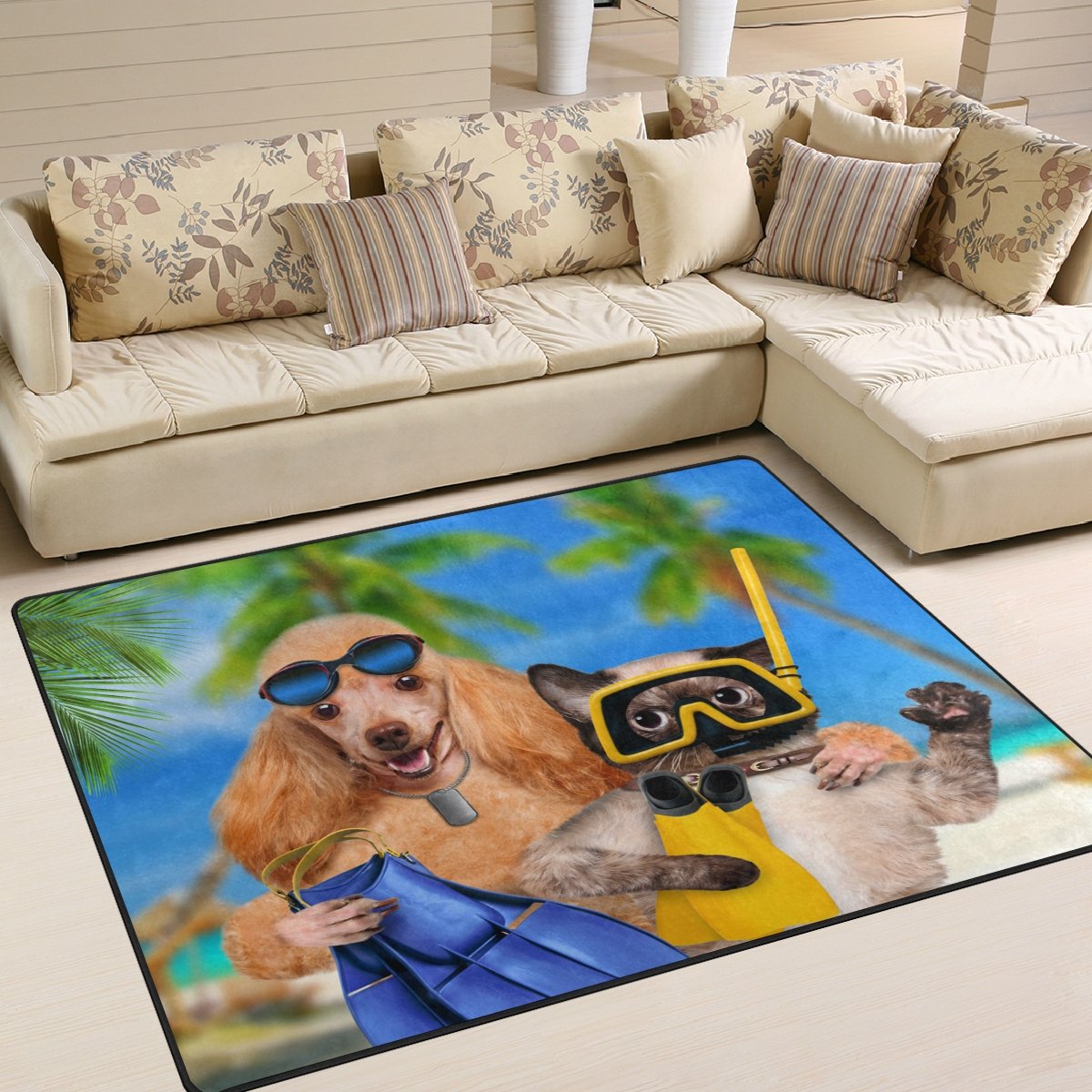 ALAZA Bohemian Style Dog & Cat Diver Summer Palm Tree Area Rug - 7'x5' Soft Non-Slip Floor Mat for Living Room, Bedroom, Dorm - Perfect for Beach House Decor & Pet-Friendly Spaces