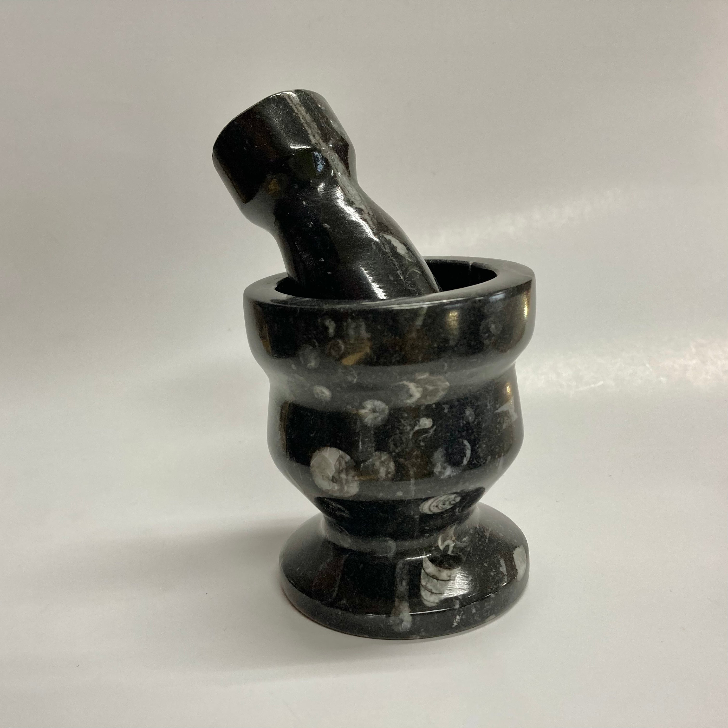 Premium Orthoceras Fossil Mortar and Pestle Set - Natural Stone Spice Grinder for Herbs, Salt & Pepper - Perfect for Kitchen, Cooking & Ayurvedic Medicine Preparation