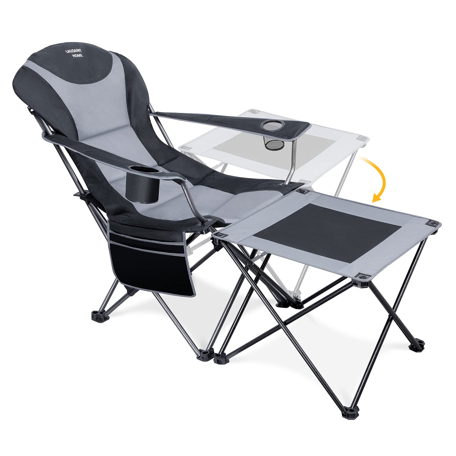Lausaint 2-in-1 Folding Camping Chair with Removable Footrest - Heavy Duty Reclining Mesh Lounger for Outdoor, Beach & Fishing - Portable & Easy to Carry (Black/Grey) - Perfect for Camping Trips, Backyard Relaxing & Picnics