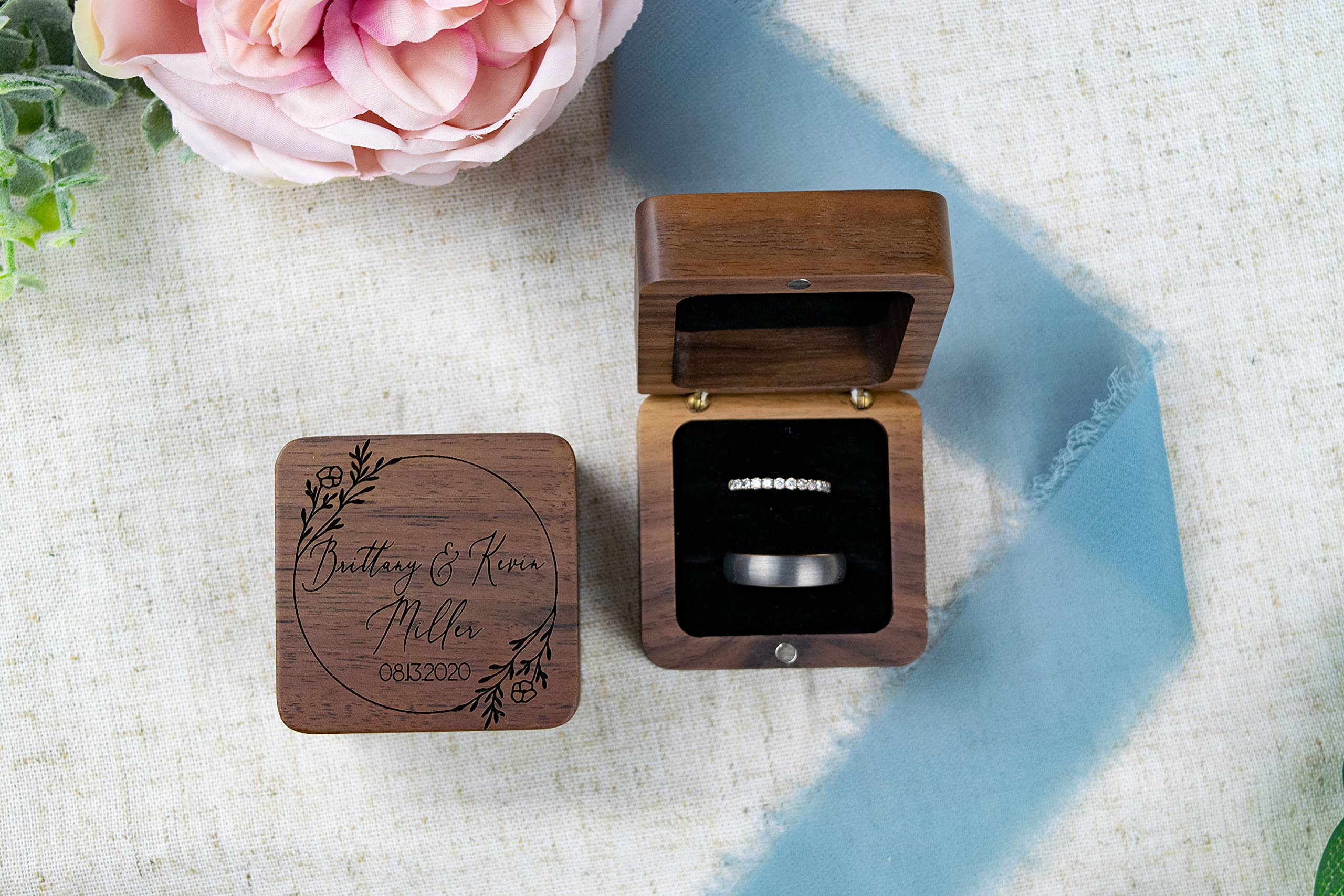Personalized Wooden Wedding Ring Box for Ceremony - Mr & Mrs Engraved Walnut Ring Bearer Box - Perfect for Wedding Bands, Vows & Proposal Scenes