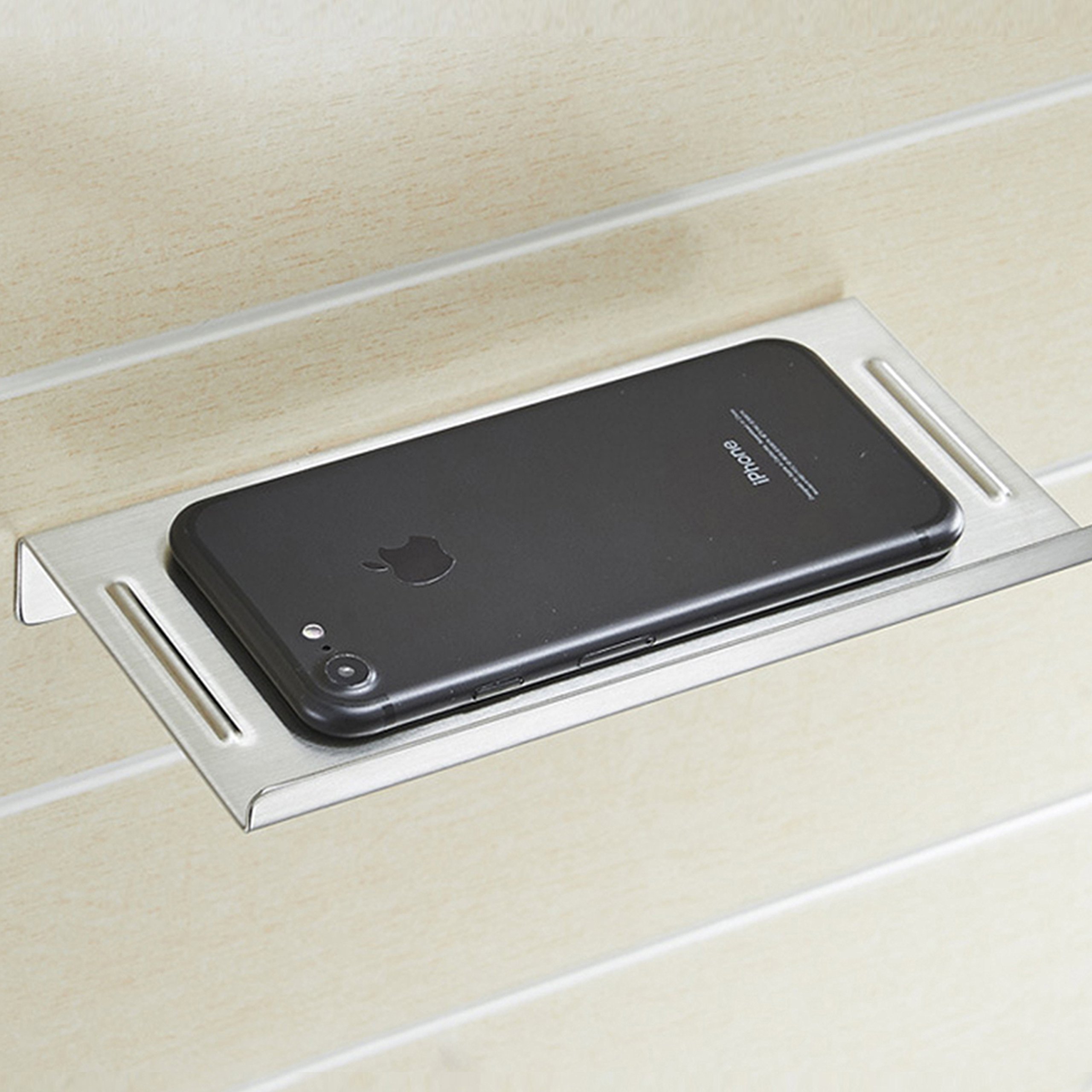 Stainless Steel Wall Mount Toilet Phone Holder - Anti-Slip Bathroom Shelf with Silver Brushed Finish | Perfect for Bathroom, Shower & Kitchen Organization