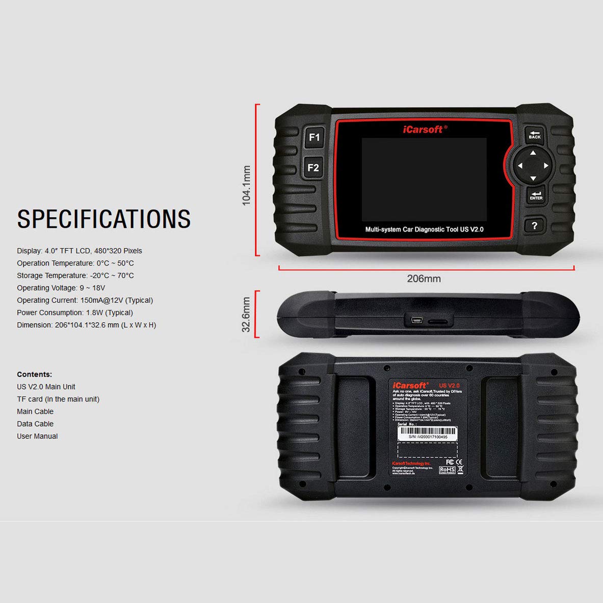 iCarsoft US V2.0 OBD2 Scanner - Professional Diagnostic Scan Tool for Ford, GM, Chevy, Buick, Cadillac, GMC, Chrysler, Jeep, Holden - Oil Reset, EPB, BMS, DPF, SAS, ETC, BLD, INJ Functions | Perfect for Mechanics & DIY Car Maintenance