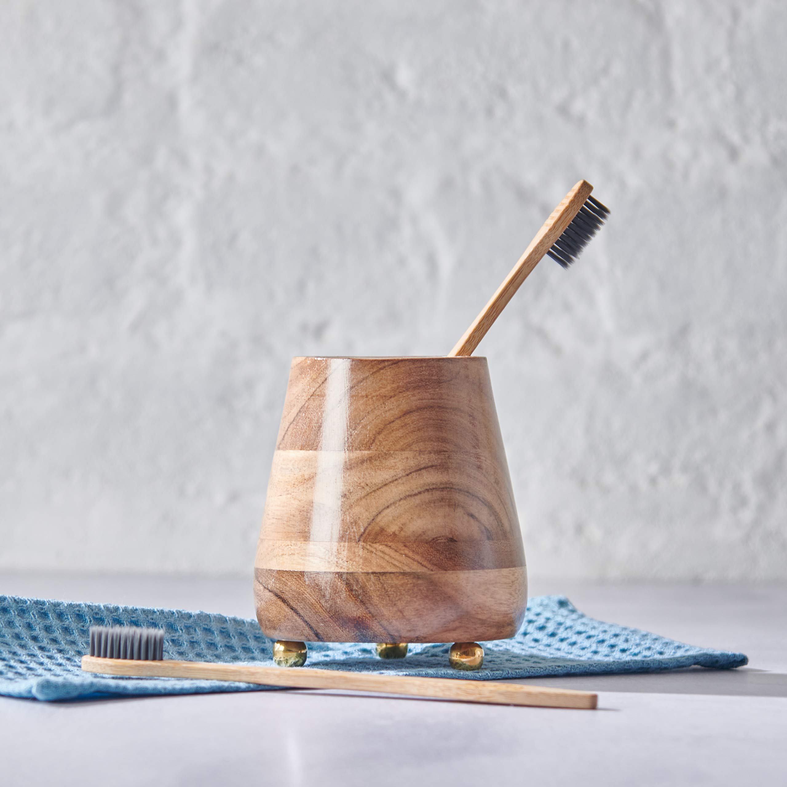 Folkulture Wooden Toothbrush Holder & Water Repellent Shower Curtain Set - Modern Bathroom Organizer with Tassels for Toothbrush Storage & Shower Protection | Perfect for Small Bathrooms, Dorm Rooms & Apartment Decor