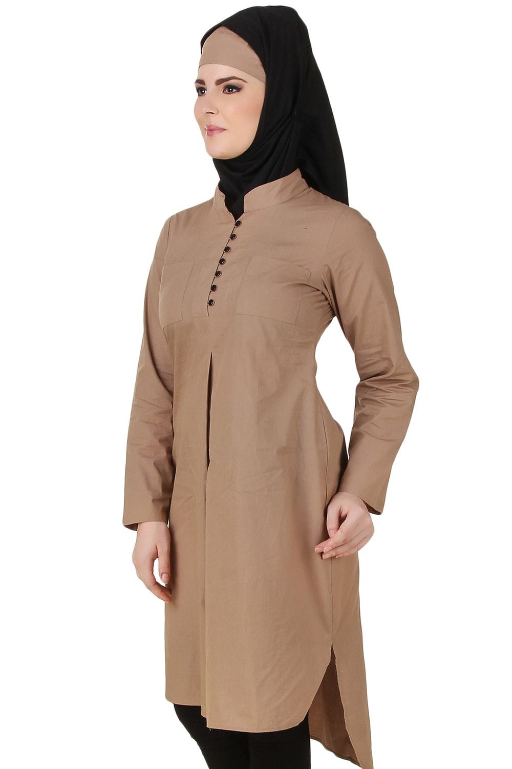 Afnan Cotton Khaki Tunic for Women - Soft Casual Long Shirt Top with Side Slits | Perfect for Work, Travel & Everyday Wear