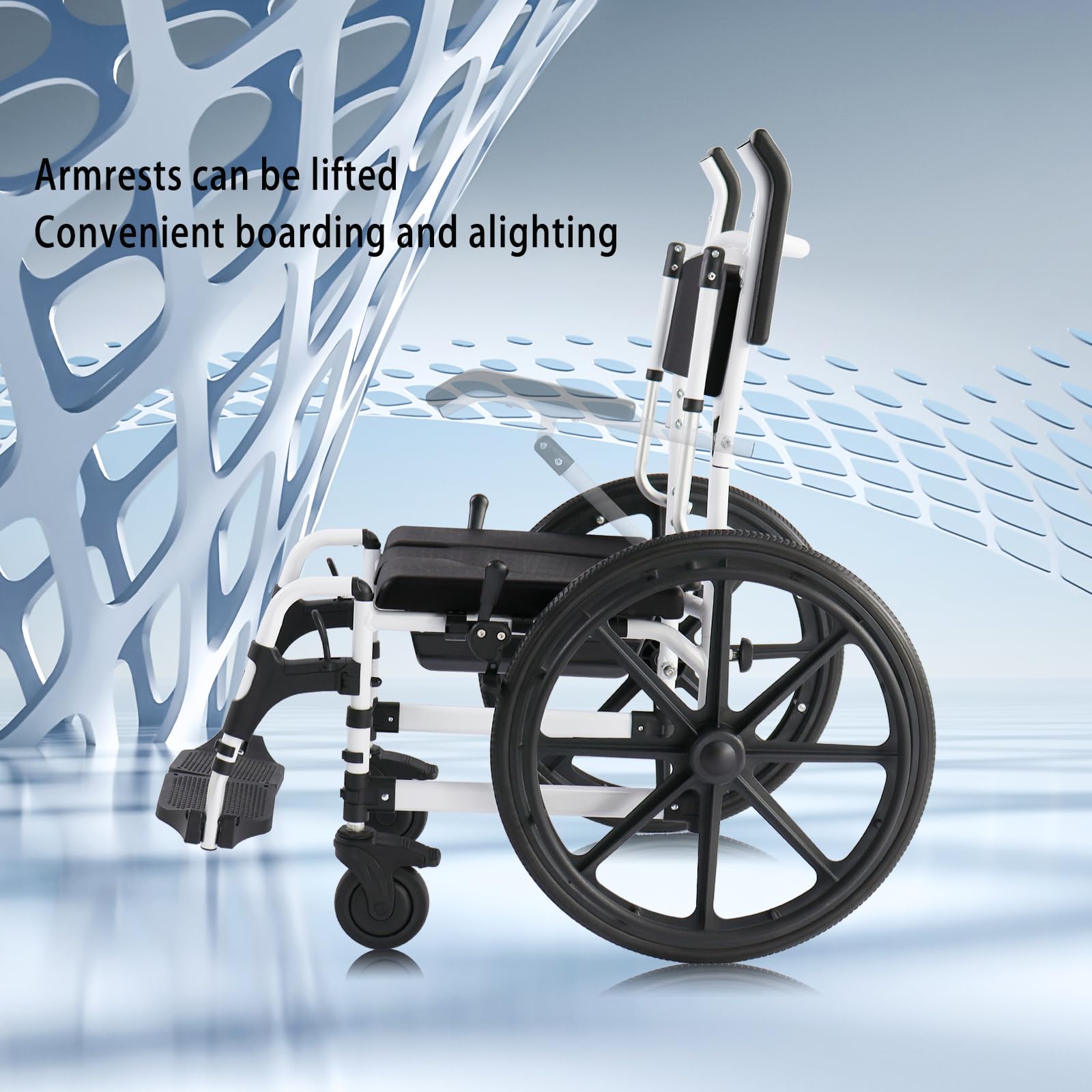 Portable Folding Shower Commode Wheelchair - 300lbs Capacity Waterproof Rolling Toilet Chair with Padded Seat, Armrests & Backrest - Mobility Aid for Small Bathrooms & Tight Spaces (Blue) - Ideal for Elderly Care, Post-Surgery Recovery & Home Healthcare Use