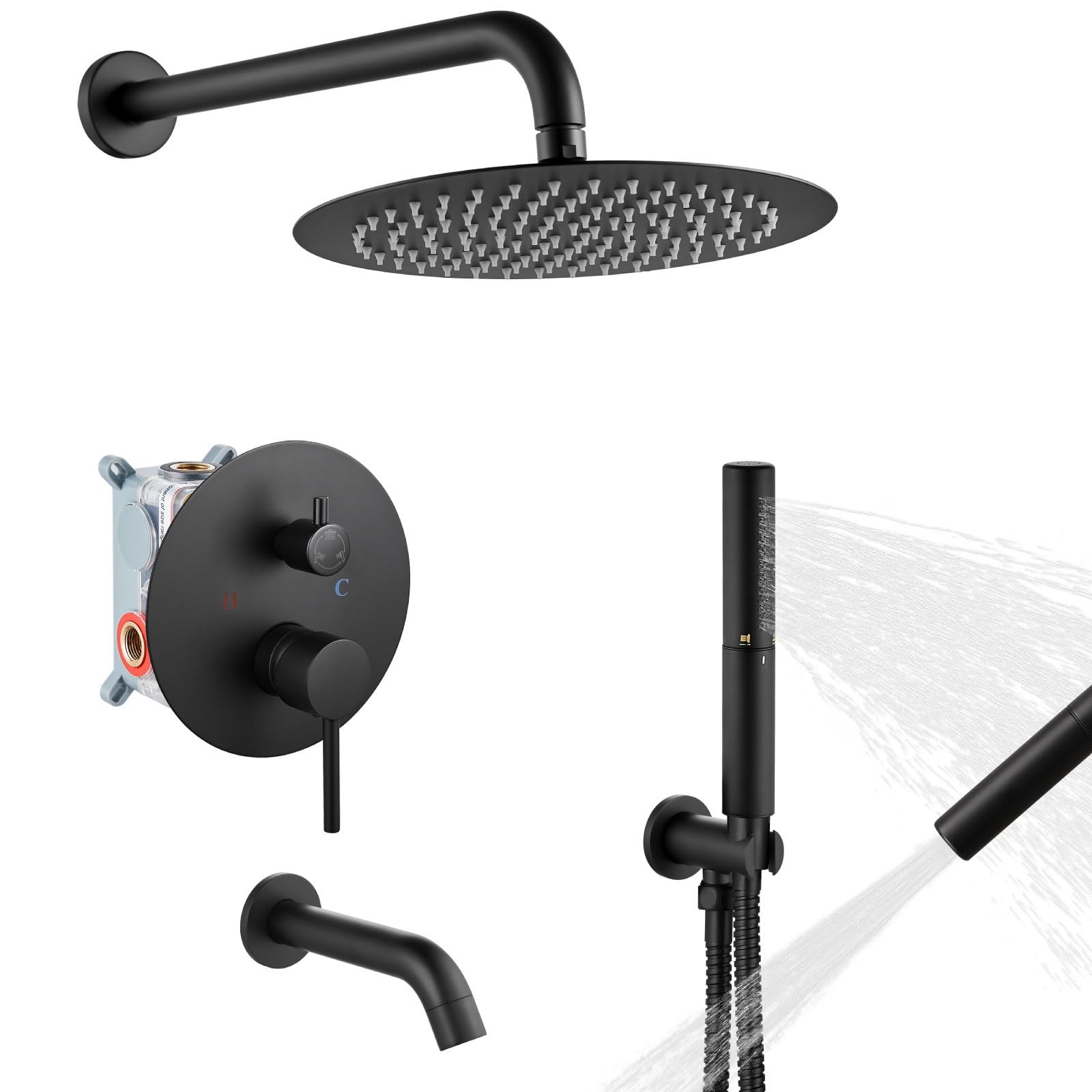 Premium Matte Black 10-Inch Round Shower System Set - 3-Function Wall Mount Rain Shower Head, 2-Function Handheld & Tub Spout Combo for Bathroom Renovation | Perfect for Modern Homes, Spa-Like Experience & Water-Saving Design