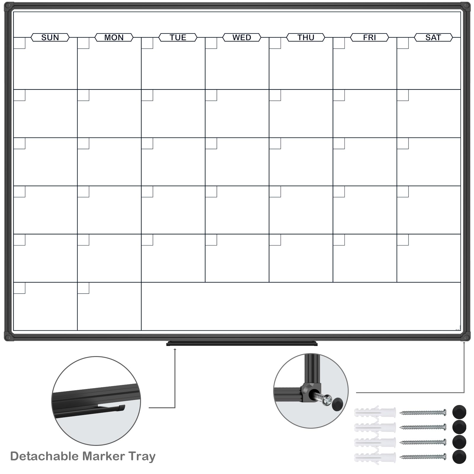 Magnetic Dry Erase Calendar Whiteboard - 48x36 Inch Monthly Planner with Black Aluminum Frame | Wall Mounted Office, Home & School Whiteboard for Scheduling, Planning & Organization