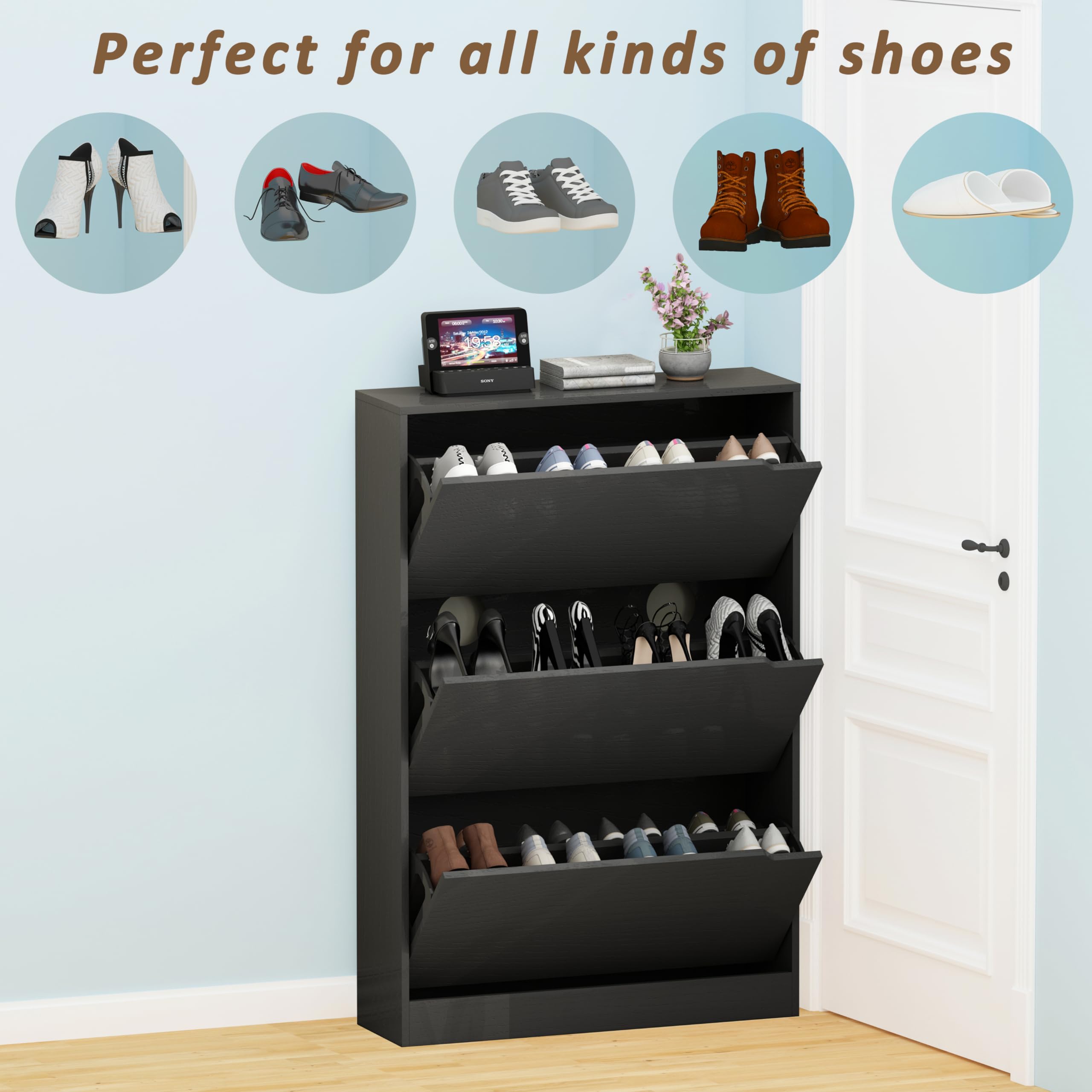 Narrow Shoe Storage Cabinet with 3 Flip Drawers - Freestanding Organizer for Entryway & Hallway - Black