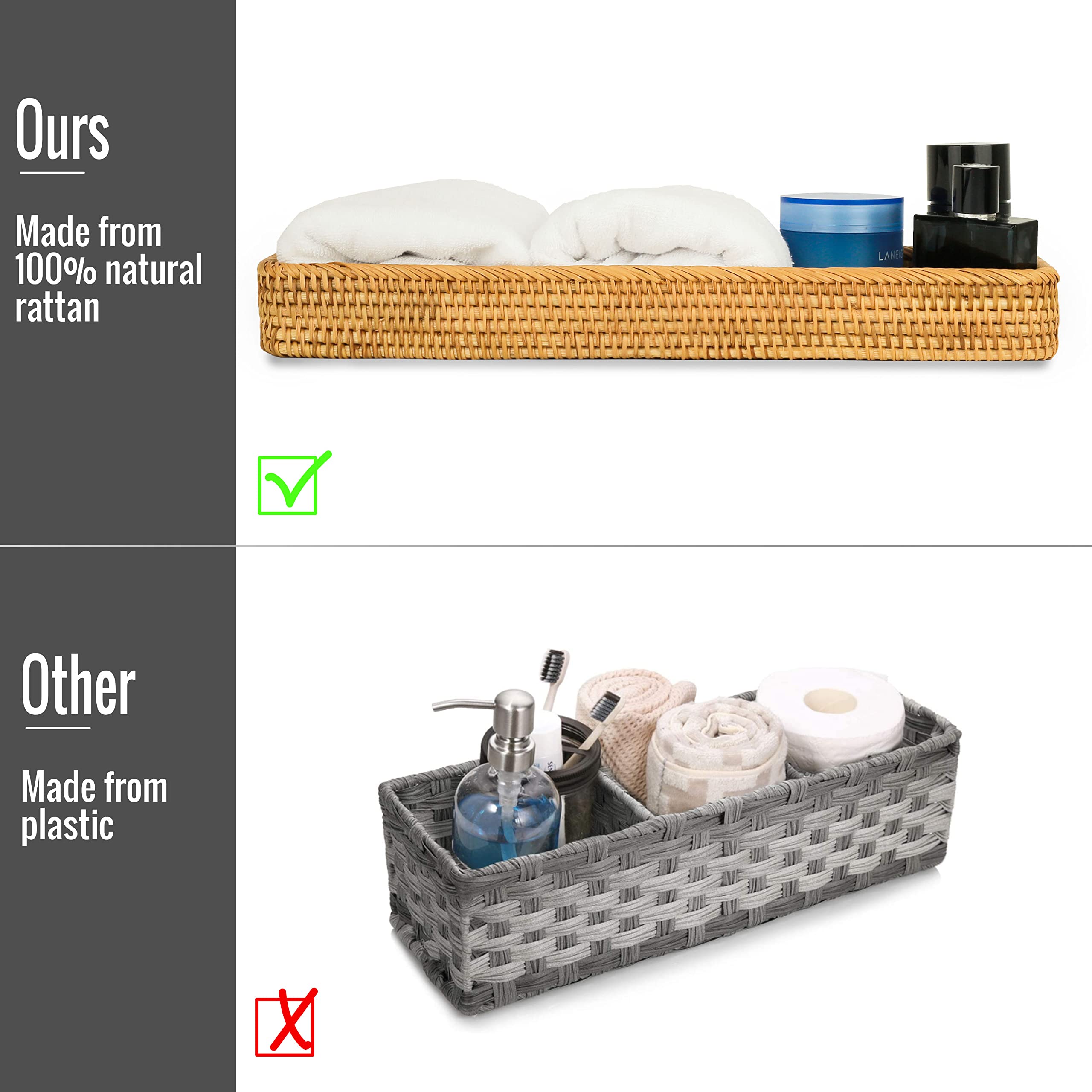 Rattan Toilet Tank Basket - Woven Wicker Tray for Bathroom Storage (17x6x2 inches, Honey Brown) | Decorative Towel Holder & Counter Organizer | Perfect for Guest Bathrooms, Bread Serving, and Shelf Decor