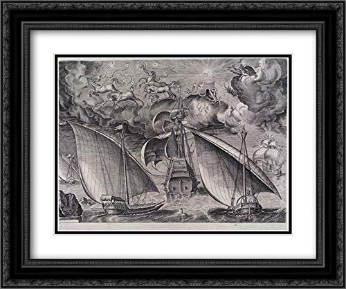 Pieter Bruegel the Elder - Man of War Between Two Galleys Museum Art Print | 24x20 Inch Black Ornate Framed Painting with Double Matting | Renaissance Naval Battle Artwork for Living Room, Office & Gallery Decor