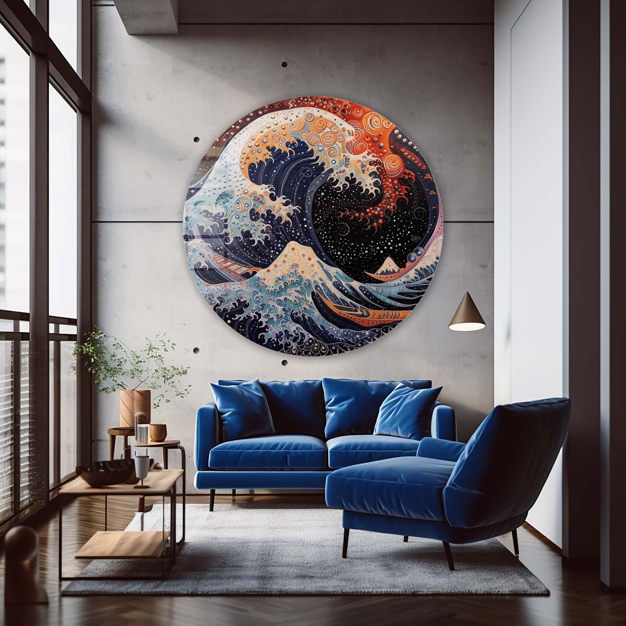 Futuristic Kanagawa Wave Rounded Glass Wall Art - Modern Home Decor for Living Room, Bedroom & Office