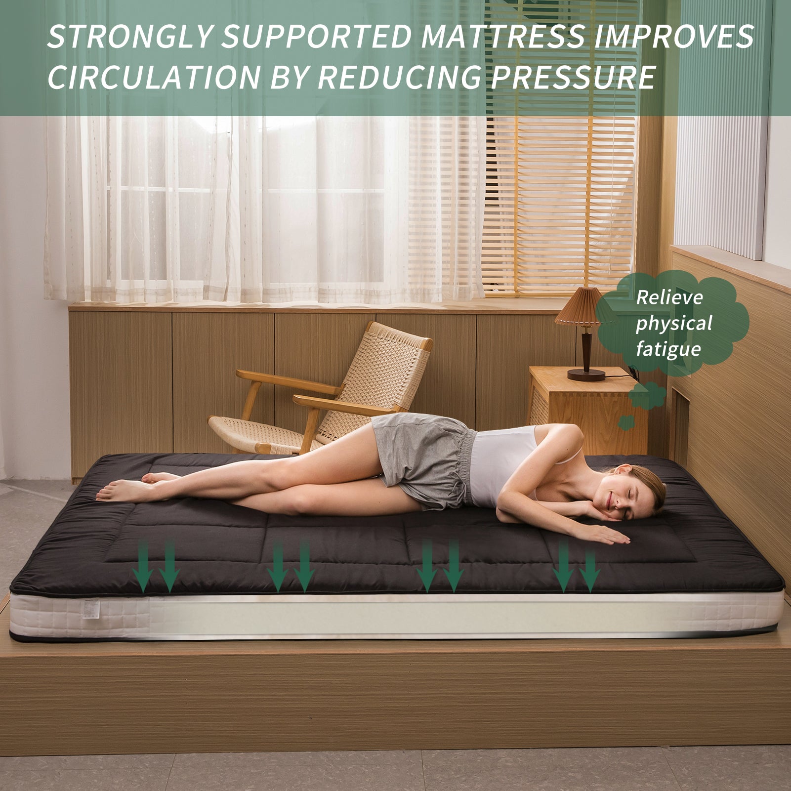 MAXYOYO Padded Japanese Floor Mattress - Black Foldable Roll Up Futon for Bedroom, Guest Room & Travel | Comfortable Floor Sleeping Mat for Adults & Kids