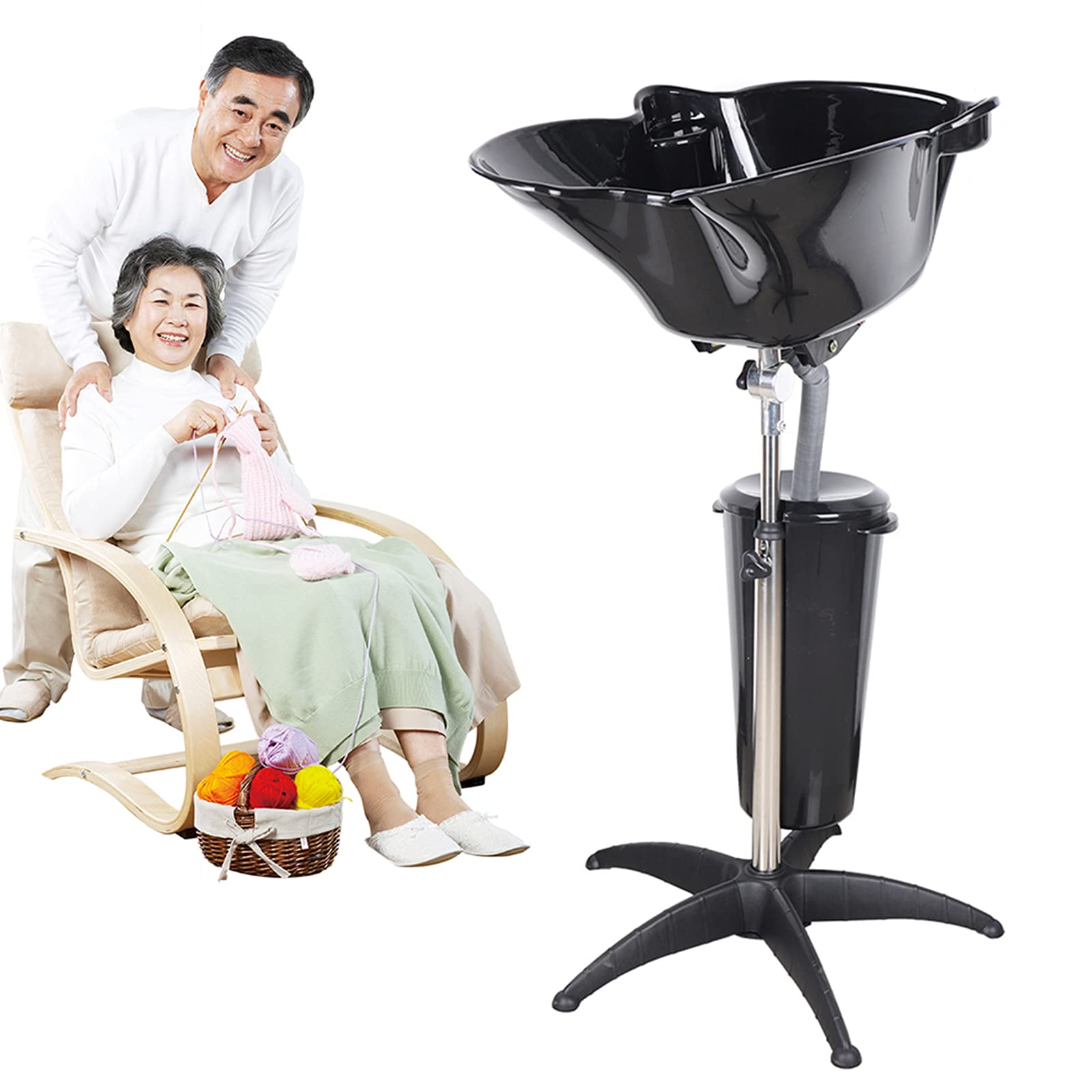 **Adjustable Height Portable Salon Shampoo Sink with Drain Hose - Deep Hair Washing Basin for Barber & Salon (103-139cm, Black) - Perfect for Backwash, Hair Treatment & Styling Services**
