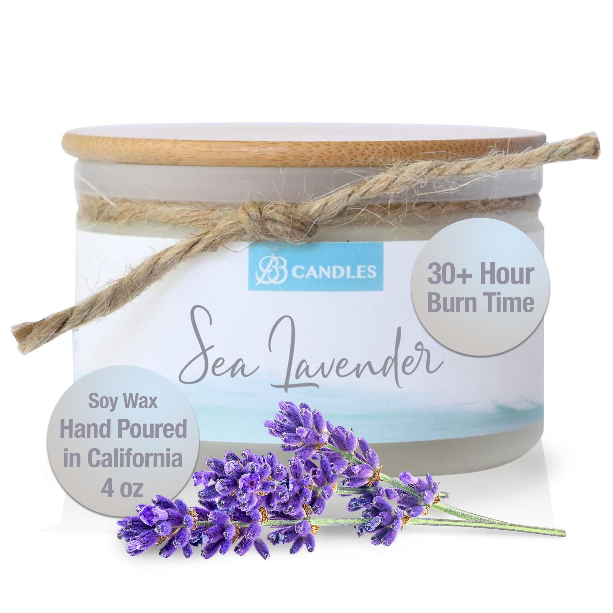Coastal Essentials Natural Soy Hand-Poured Candle - Sea Lavender Scented, 4oz Artisan Candle with 30+ Hour Burn Time | Strong Fragrance for Home, Office & Spa Relaxation