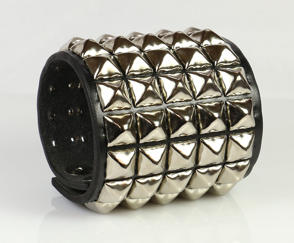 5 Row Large Pyramid Spot Wristband for Women Men - Adjustable Spiked Cuff Bracelet for Concerts, Raves & Gothic Fashion Accessories