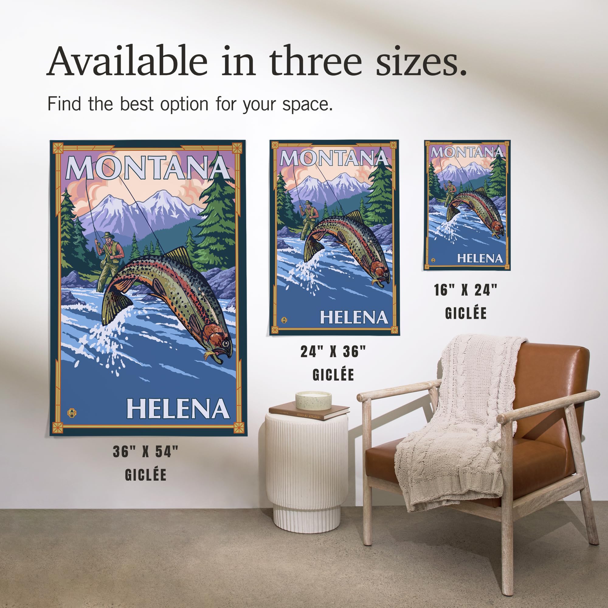 Lantern Press 36x54 Inch Giclee Art Print - Helena Montana Landscape Wall Art with Fisherman Scene - Perfect for Living Room, Bedroom & Office Decor