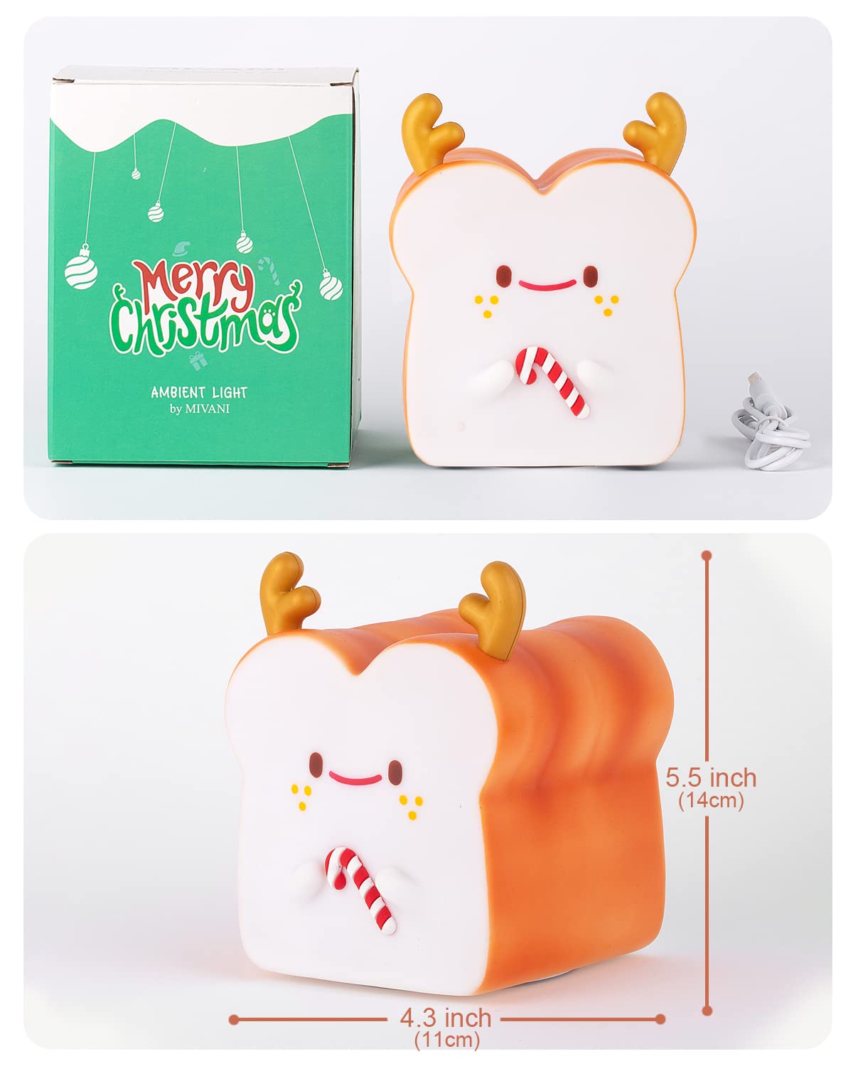 Deer Toast Lamp Bread Night Light - USB Rechargeable Touch Sensor Nightlight with 1 Hour Timer, Cute Christmas Gift for Women & Girls, Portable Silicone Kids Light for Nursery, Bedroom Decor & Cozy Ambiance