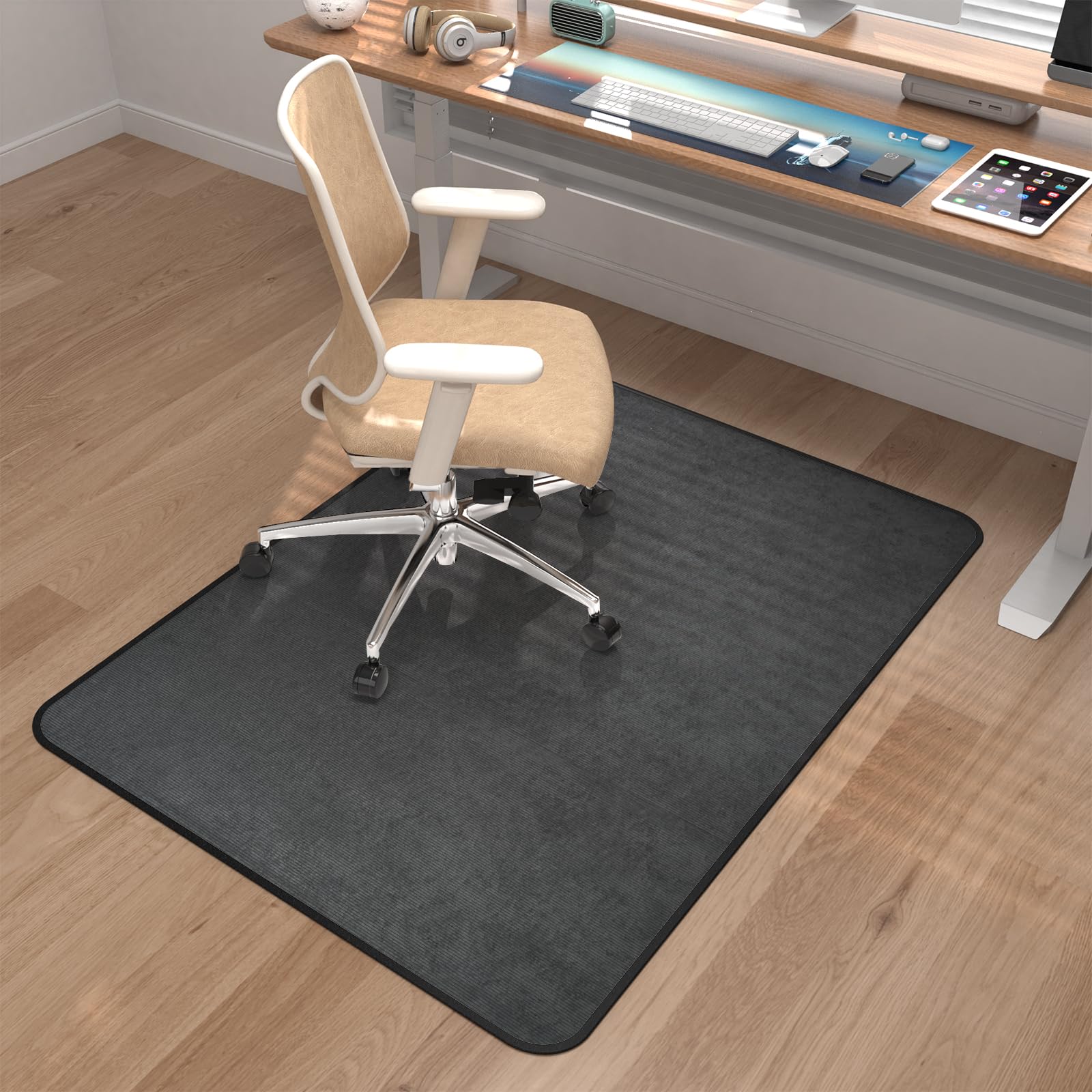 Heavy Duty Corduroy Office Chair Mat for Carpet & Hardwood Floors - Tri-Fold Desk Chair Mat Protects Carpeted and Hardwood Floors - Perfect for Home Office, Gaming Setup, and Workspace - Dark Grey