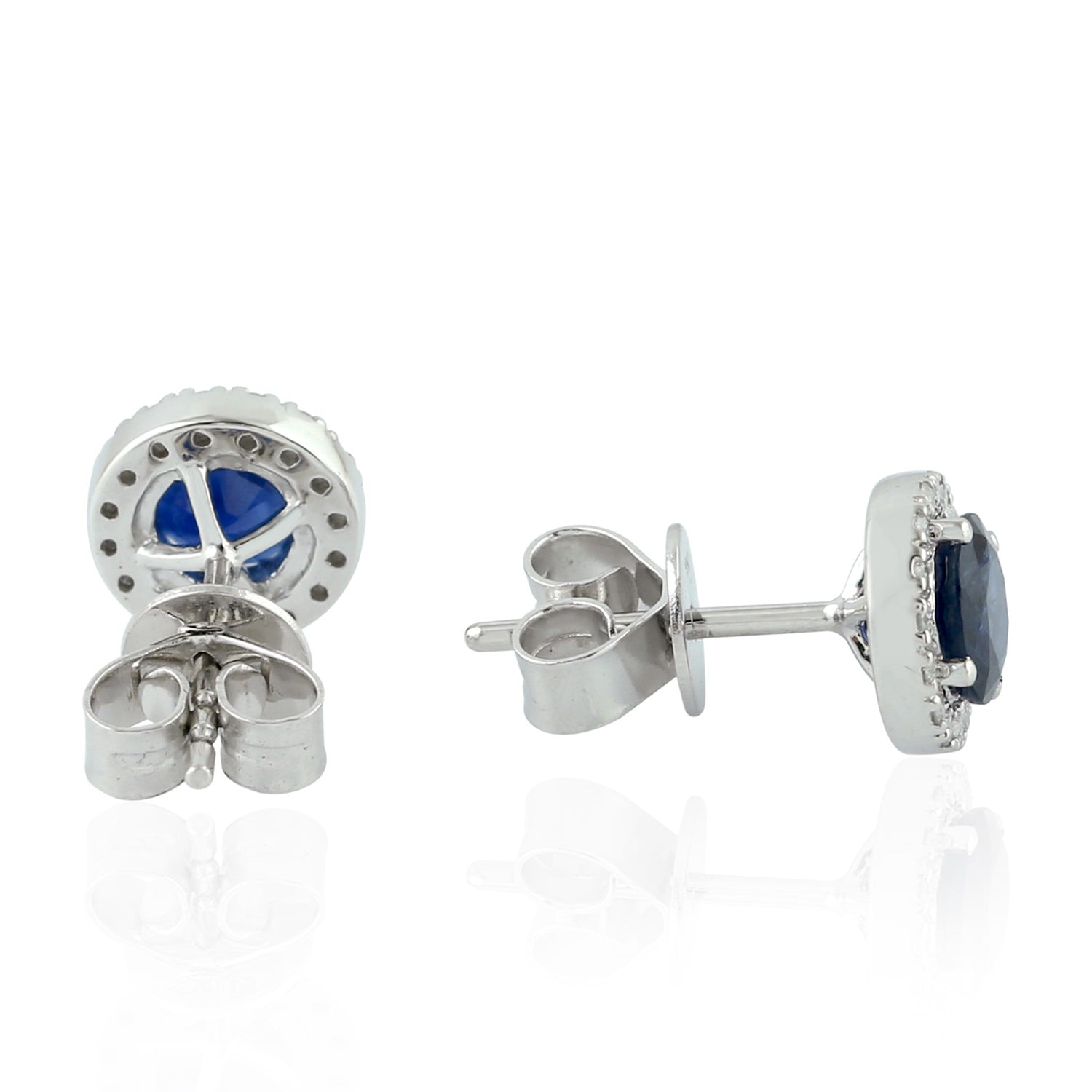 Blue Sapphire Gemstone Pave Diamond Stud Earrings in 18K White Gold | Elegant Jewelry for Weddings, Anniversaries & Special Occasions