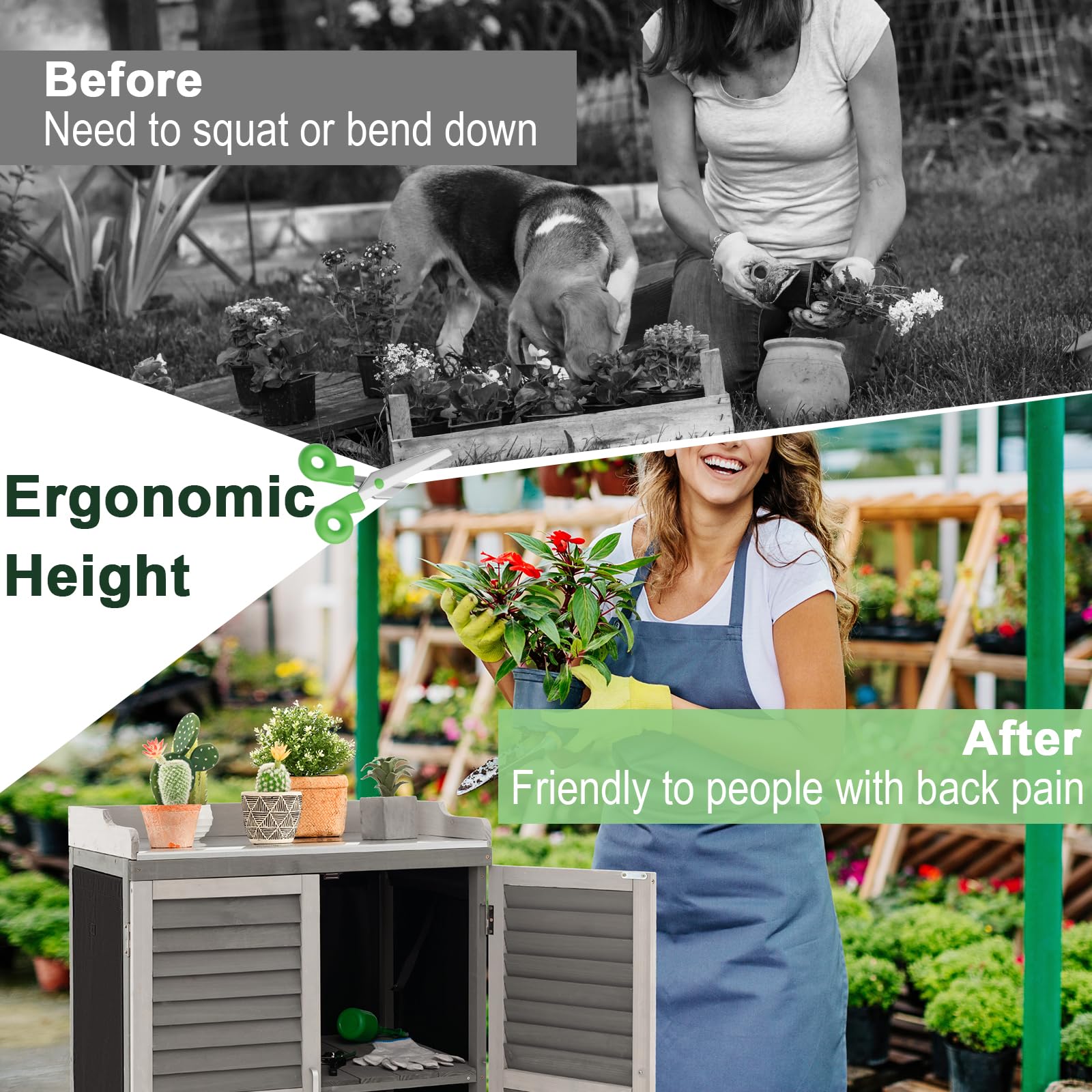 **AFSTAR Outdoor Potting Bench with Metal Tabletop & 2 Storage Shelves – Waterproof Garden Tool Shed, Wooden Potting Table for Patio & Backyard – Grey | Perfect for Gardening, DIY Projects & Outdoor Storage**